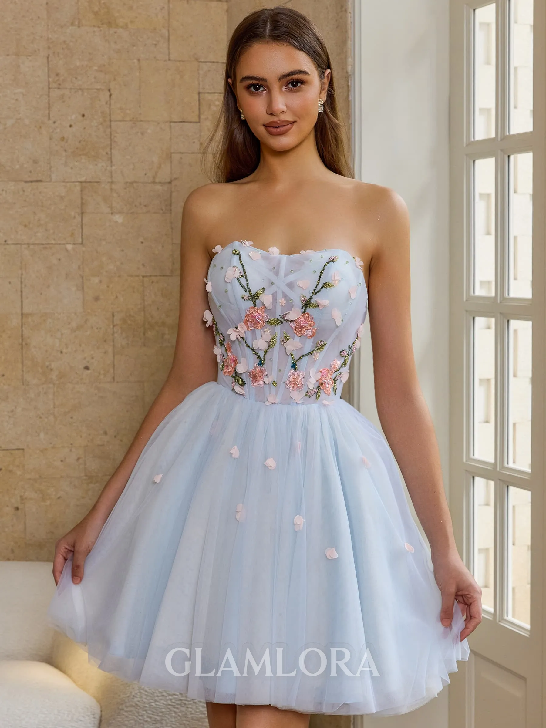 Fashion A-line Straight Appliques Lace Short/Mini Tulle Corset Dress