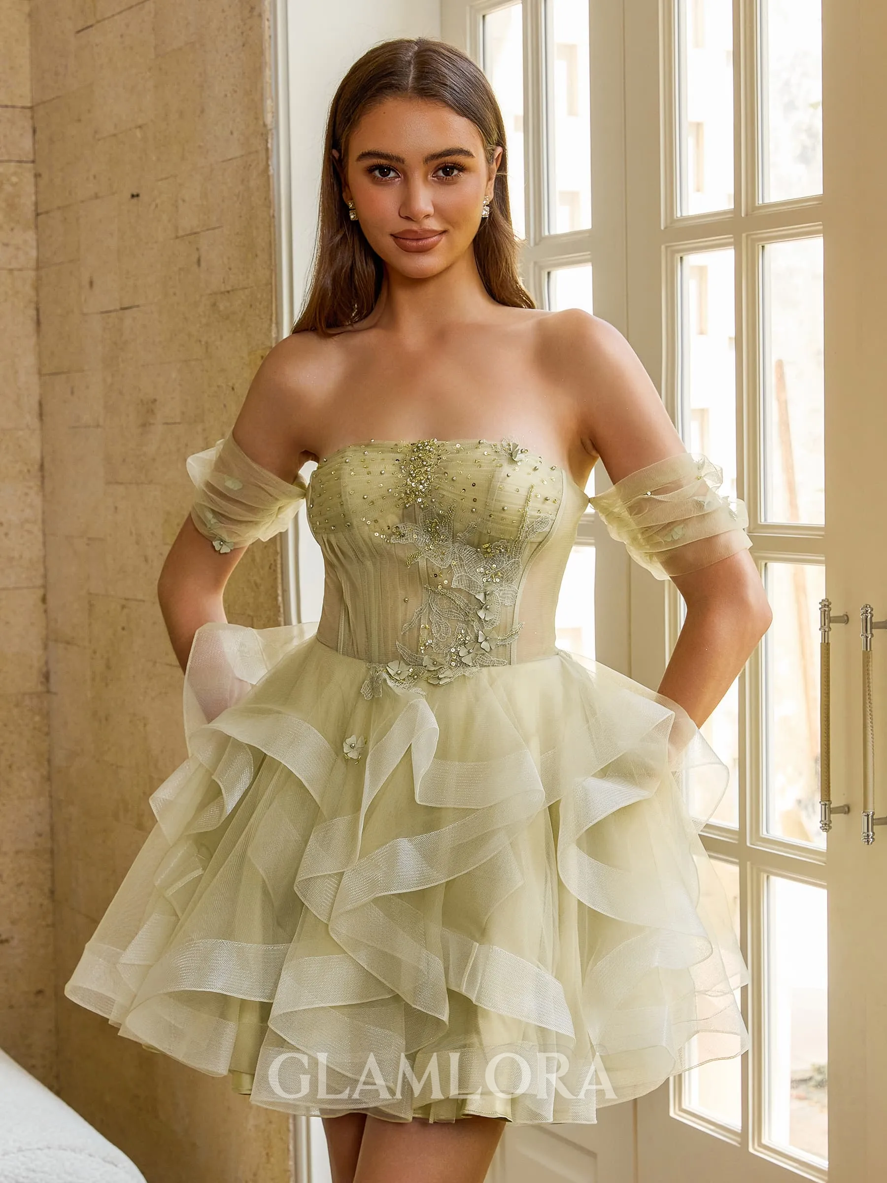 Glamorous Ball-Gown Off-the-Shoulder Short Sleeves Beading Short/Mini Tulle Corset Dress