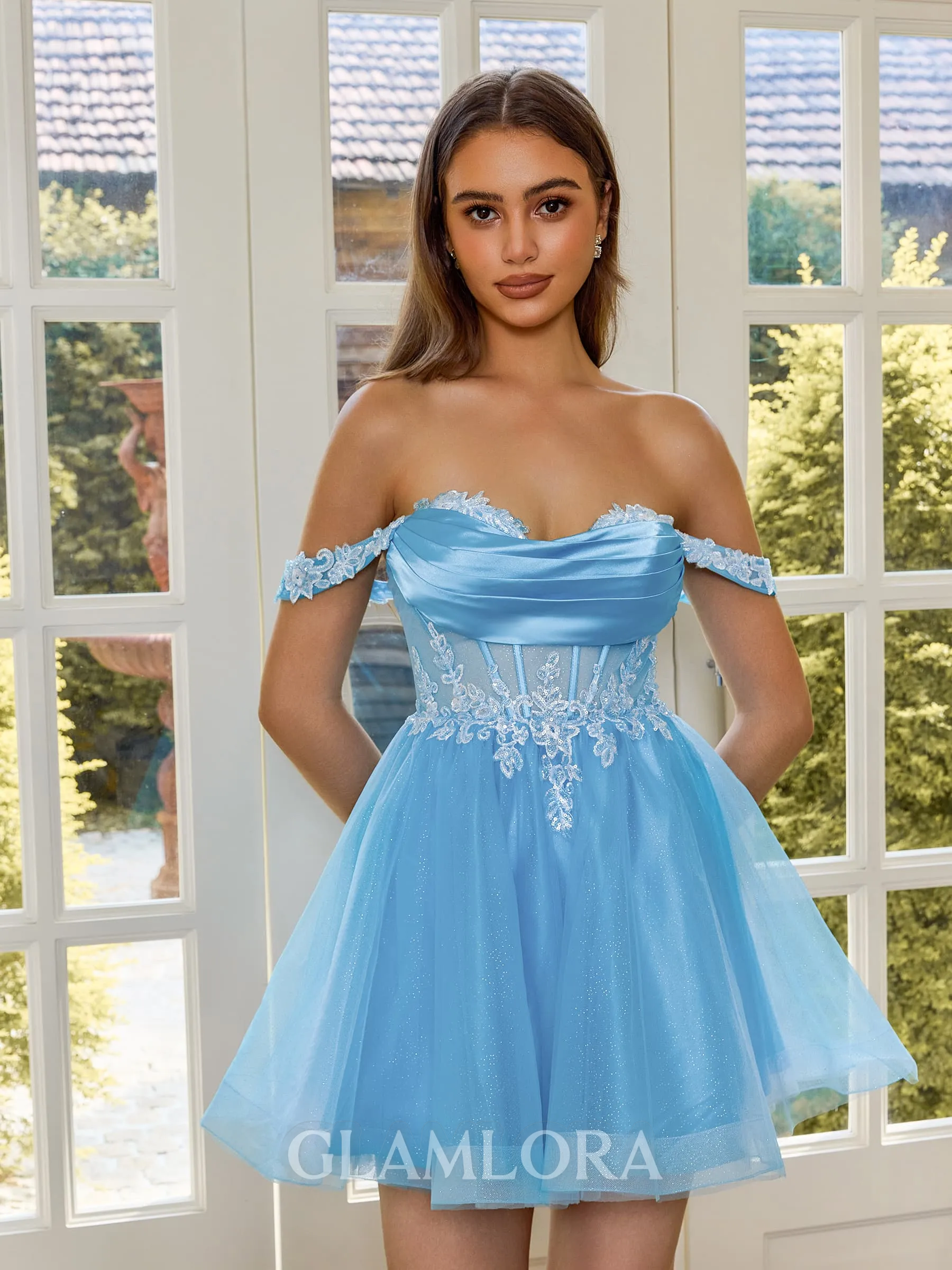 Exquisite A-line Off-the-Shoulder Appliques Lace Short/Mini Tulle Corset Dress