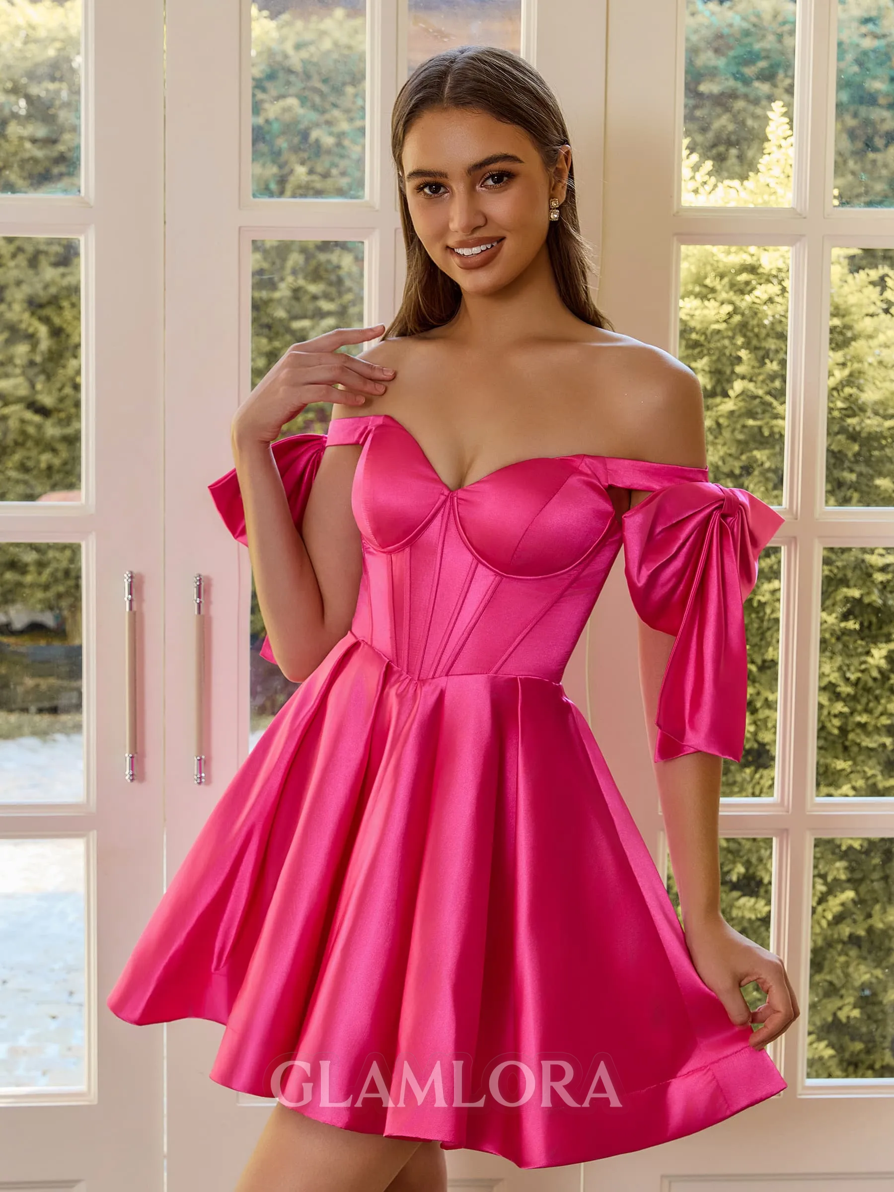 Captivating A-line Off-the-Shoulder Bow Short/Mini Silk Like Satin Corset Dress
