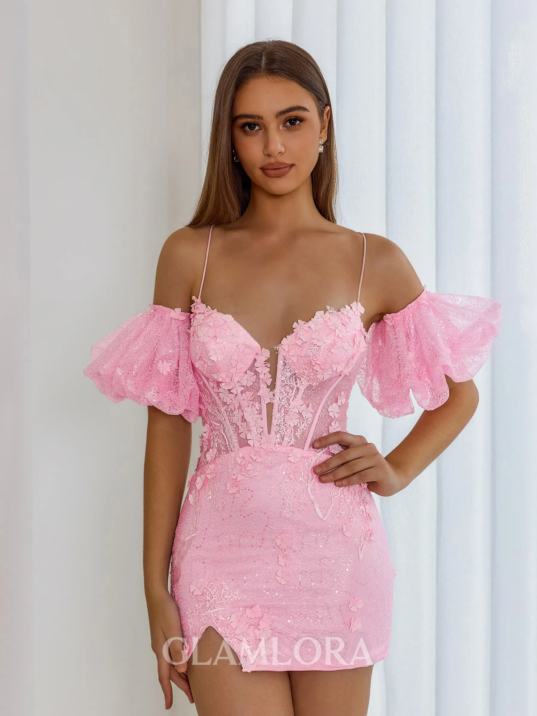 Unforgettable Sheath Spaghetti Straps Short Sleeves Appliques Lace Short/Mini Corset Dress