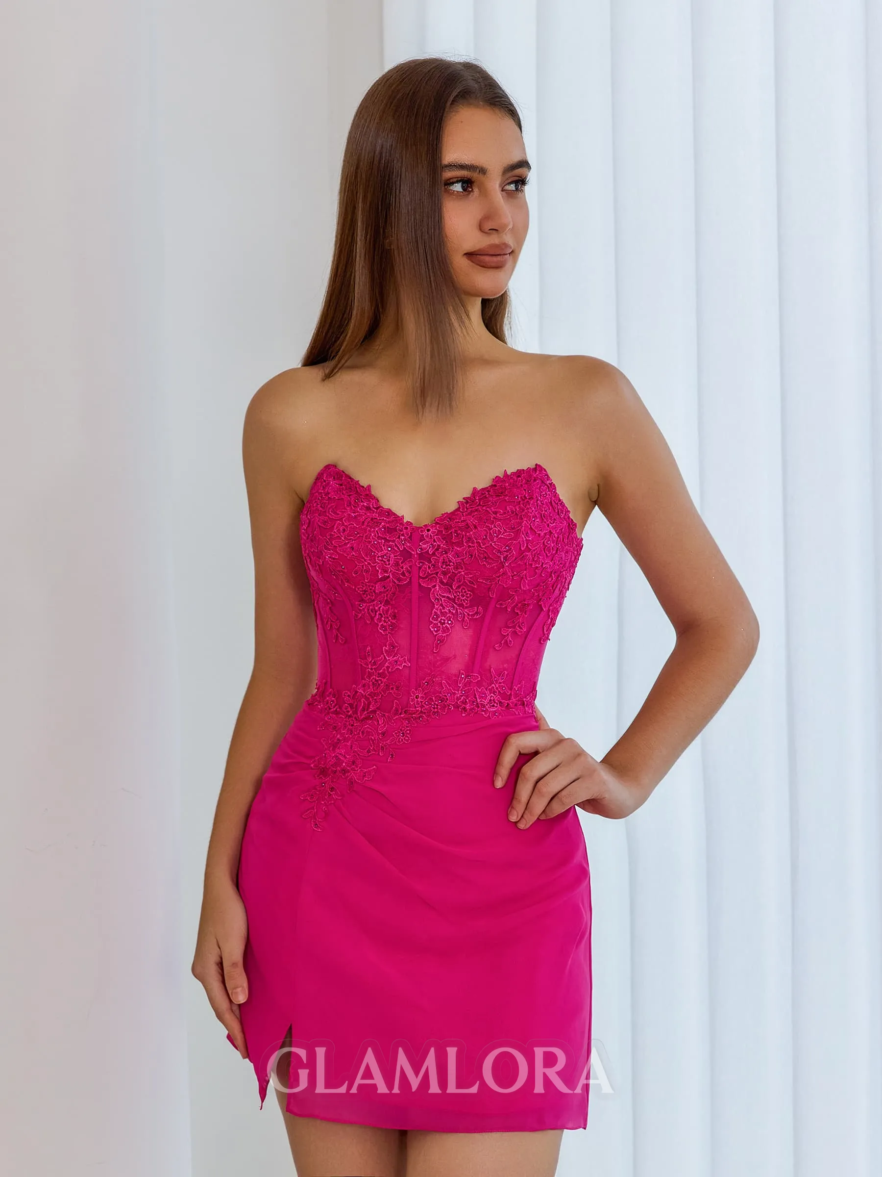 Gorgeous Sheath Sweetheart Appliques Lace Short/Mini Chiffon Corset Dress