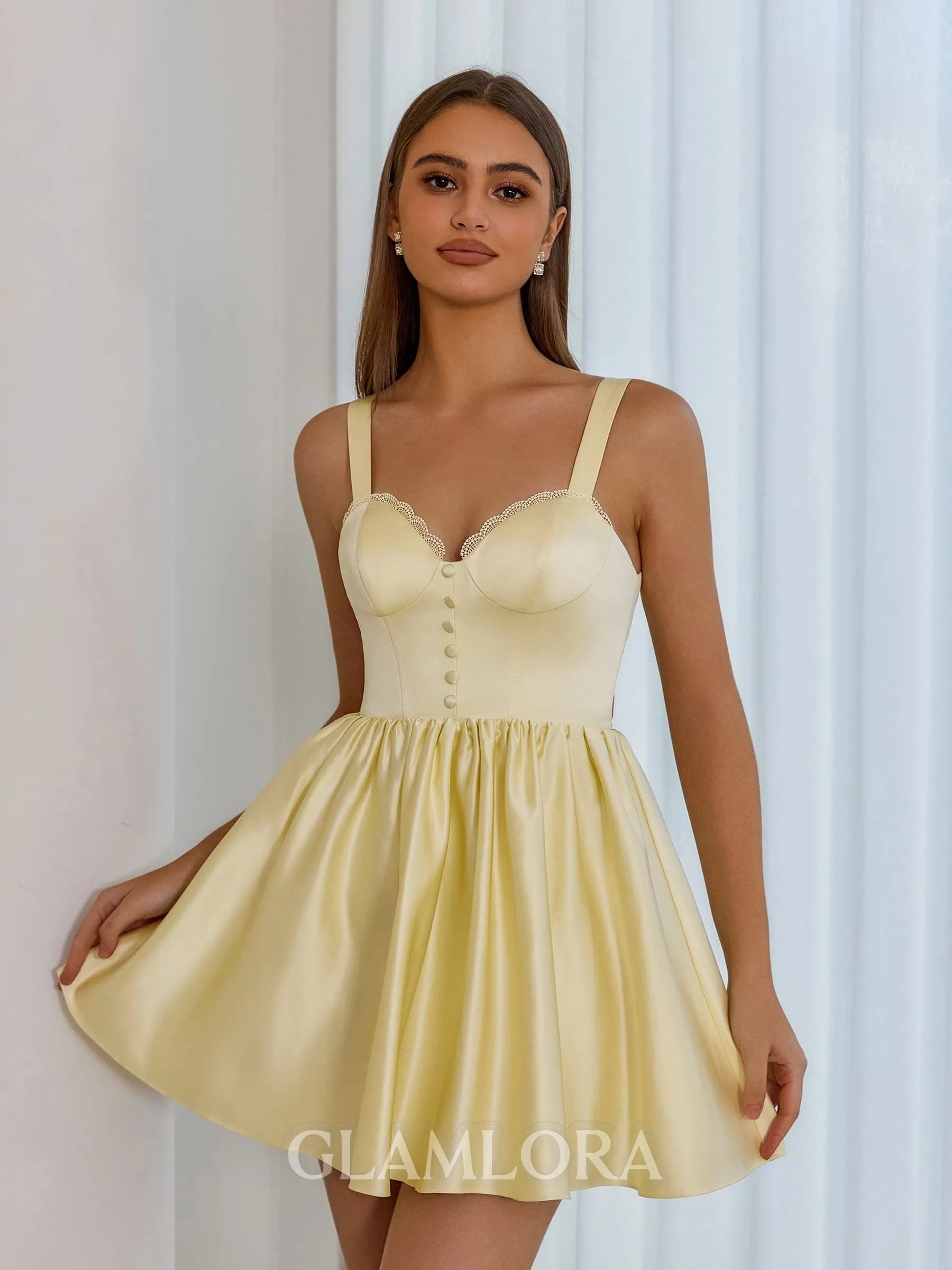 Glamorous A-line Straps Appliques Lace Short/Mini Satin Corset Dress