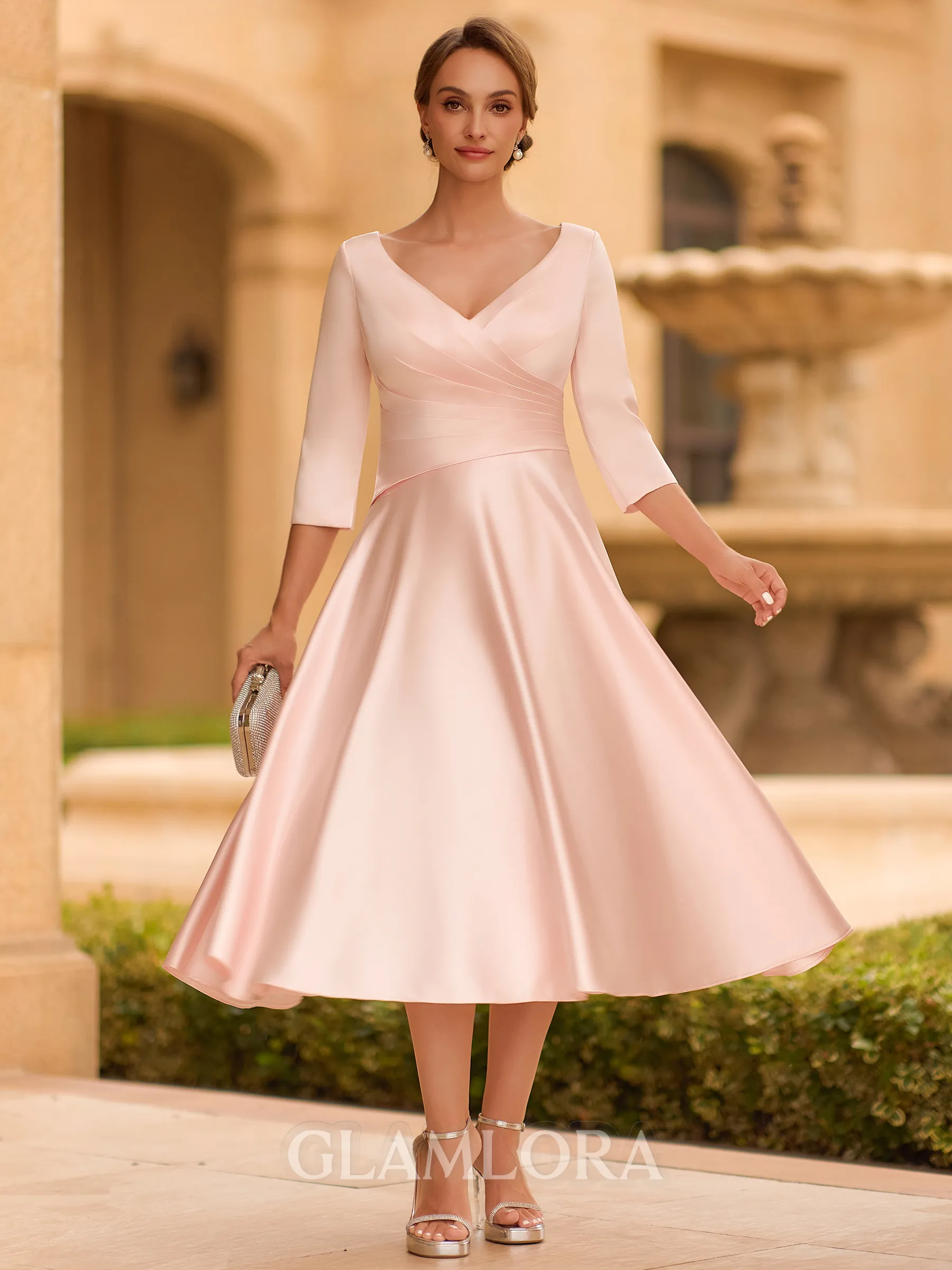 Refined A-line V-Neck 3/4 Sleeves Pleated Tea-Length Satin Corset Mother of the Bride Dress