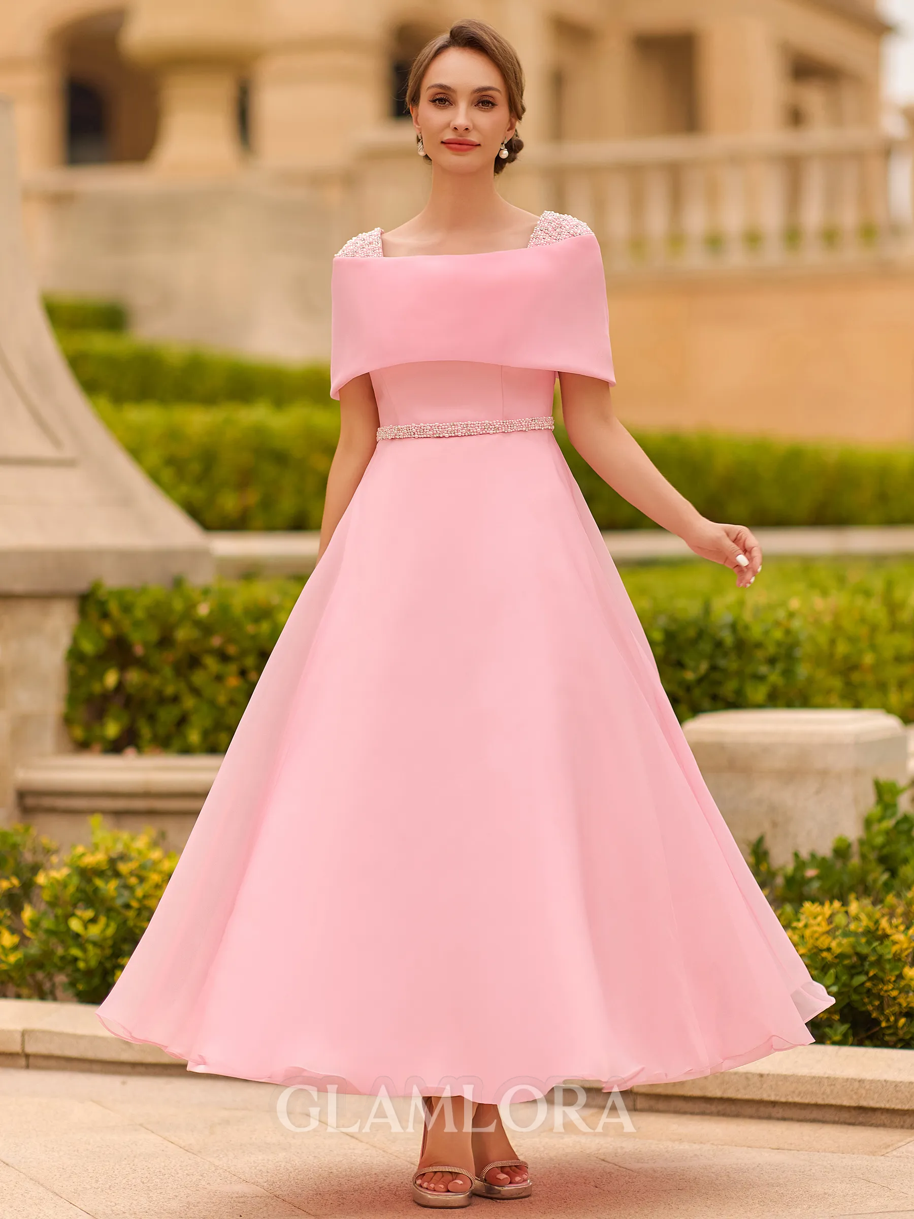 Radiant A-line Square Short Sleeves Beading Ankle-Length Organza Corset Mother of the Bride Dress