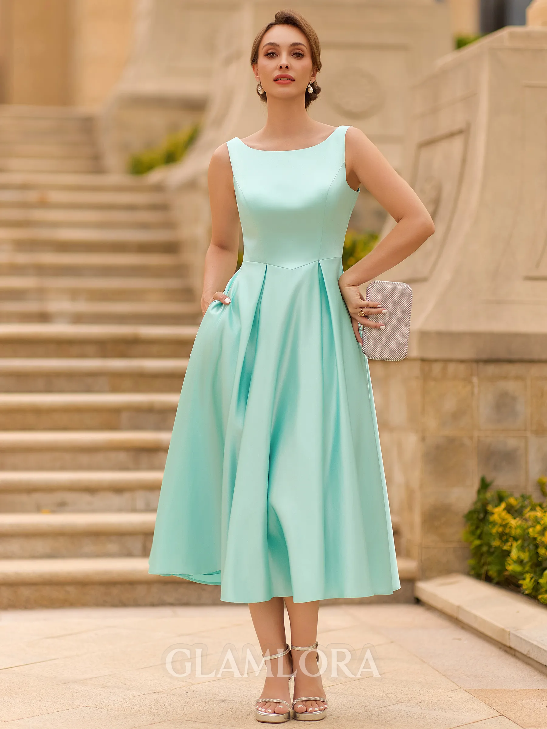 Impeccable A-line Scoop Tea-Length Satin Mother of the Bride Dress