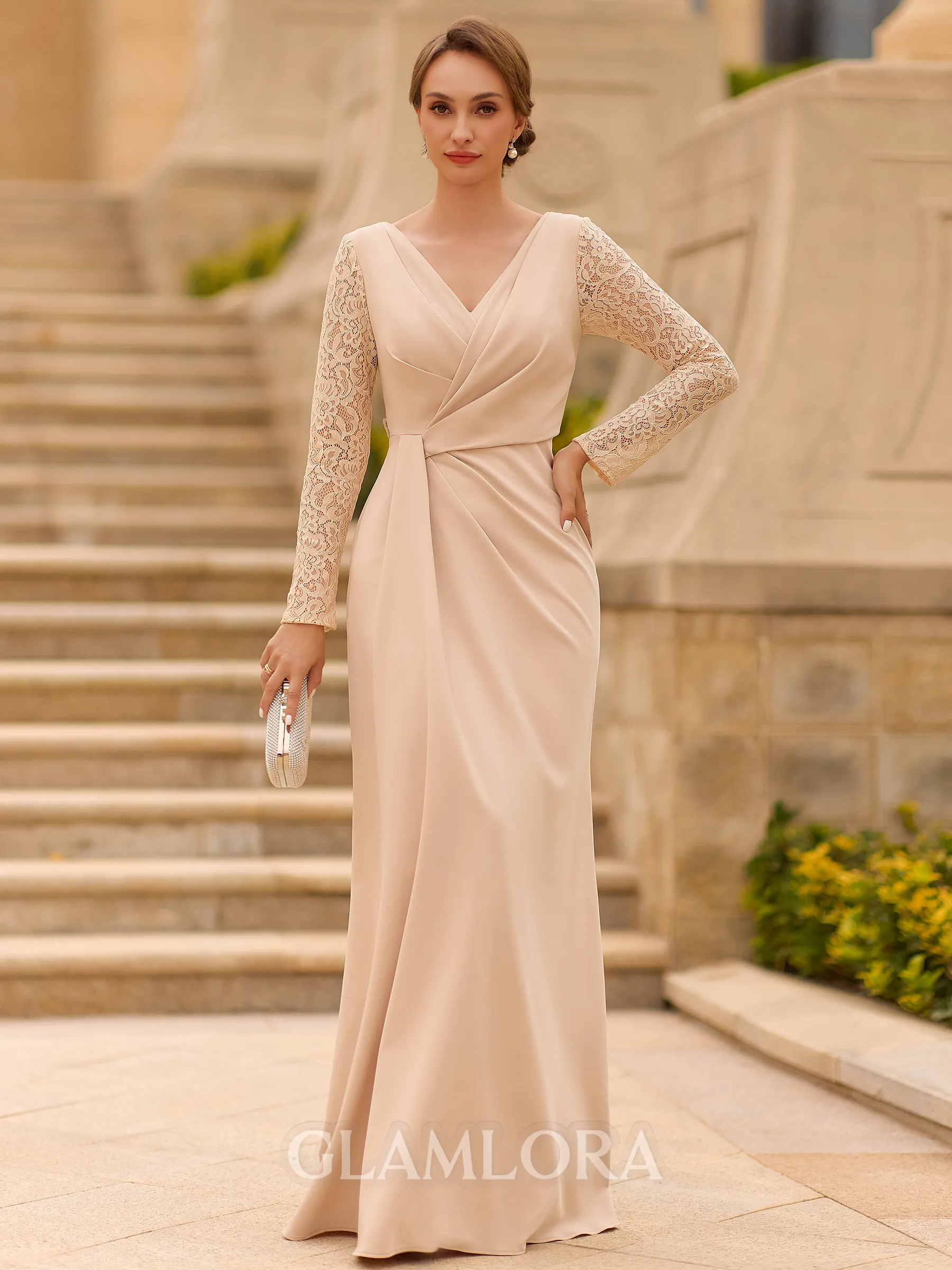Gracious Sheath V-Neck Long Sleeves Appliques Lace Floor-Length Stretch Crepe Mother of the Bride Dress