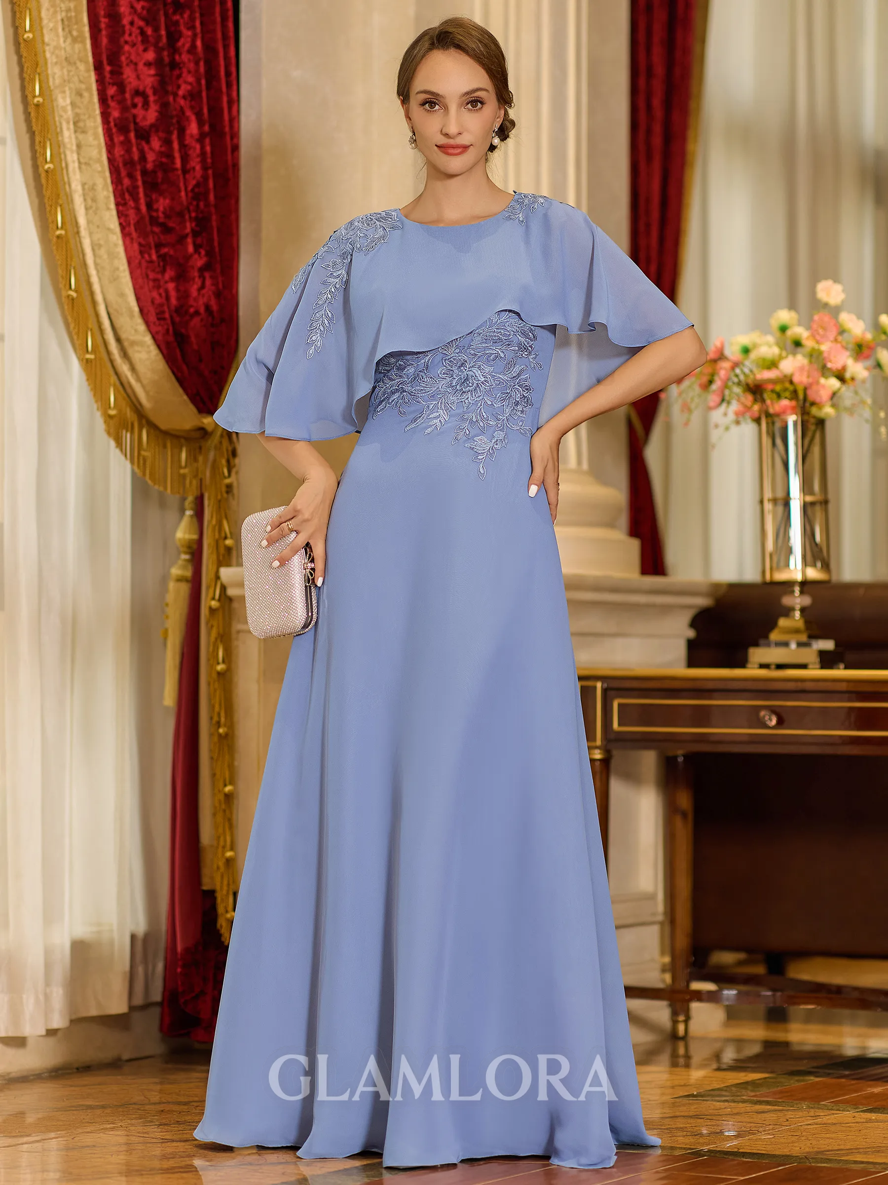 Rhythmic A-line Scoop 1/2 Sleeves Appliques Lace Floor-Length Chiffon Corset Mother of the Bride Dress