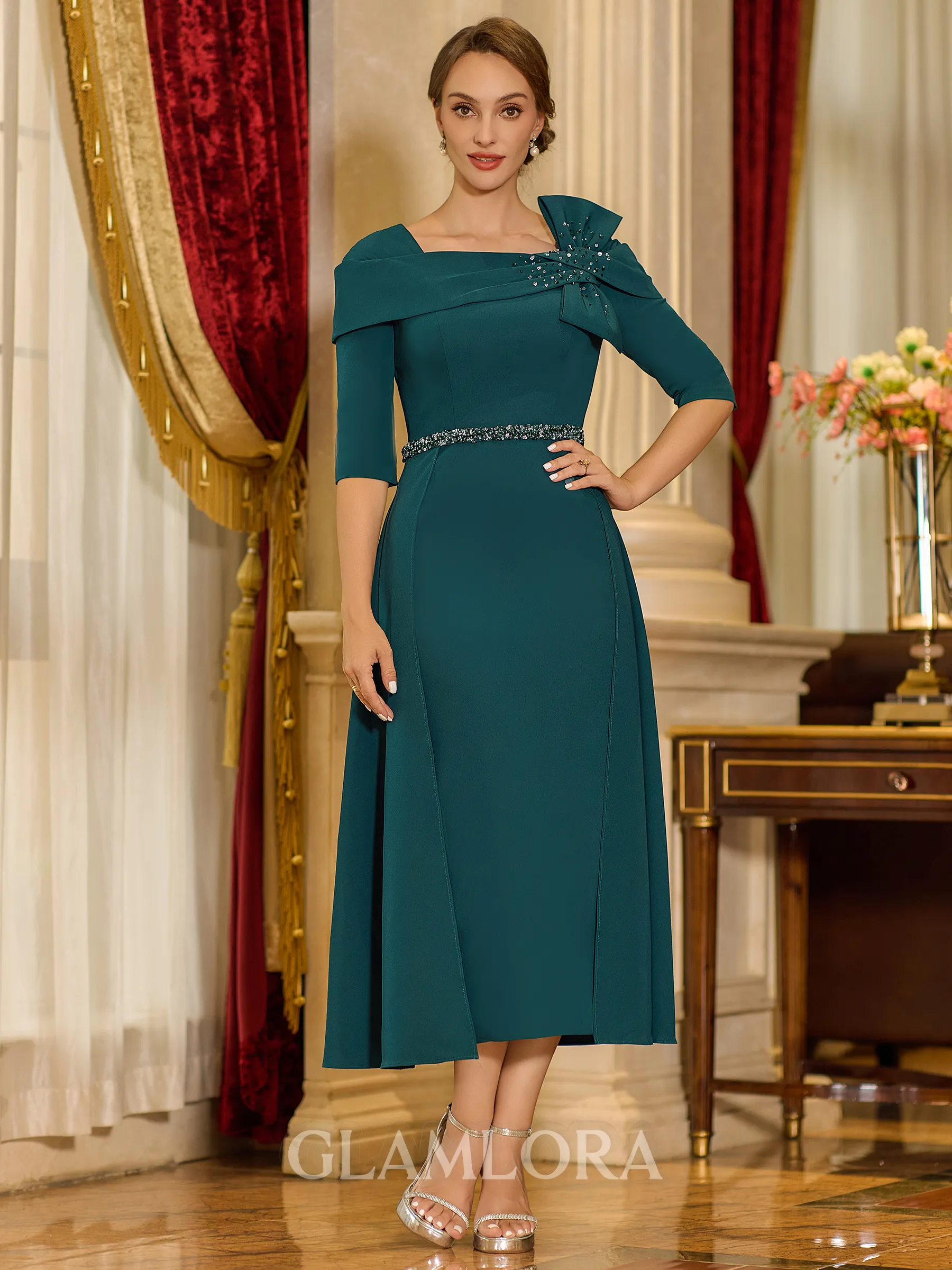 Gorgeous Sheath Square 1/2 Sleeves Beading Tea-Length Stretch Crepe Mother of the Bride Dress