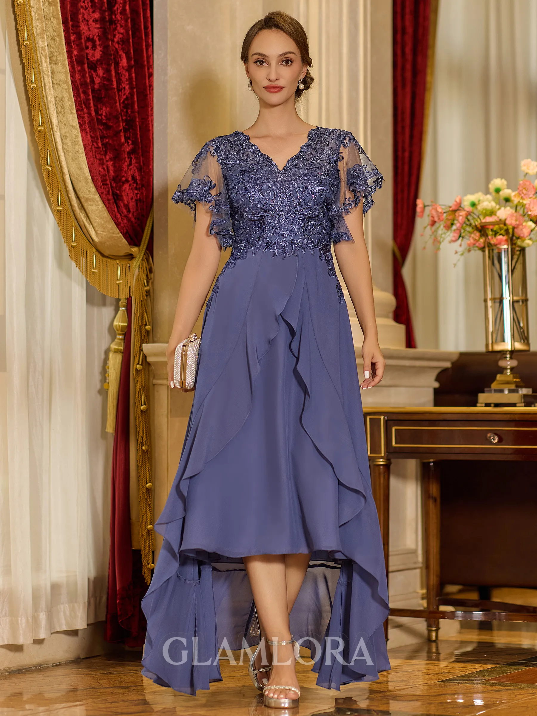 Unique A-line V-Neck Short Sleeves Appliques Lace Asymmetrical Chiffon Corset Mother of the Bride Dress