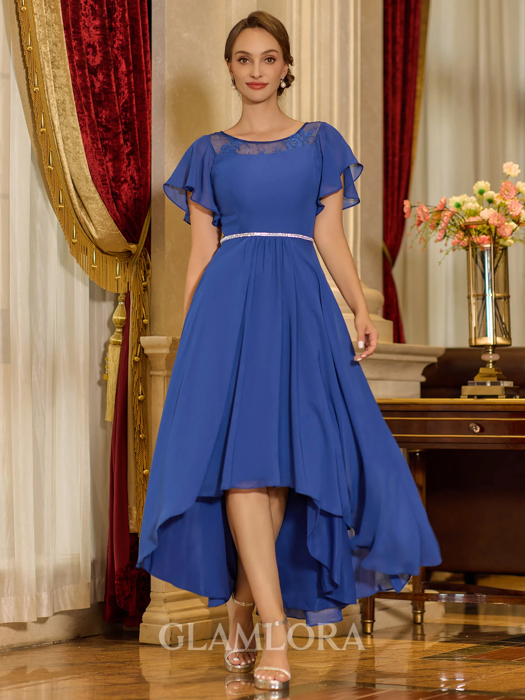 Elegant A-line Scoop Short Sleeves Appliques Lace Asymmetrical Chiffon Corset Mother of the Bride Dress