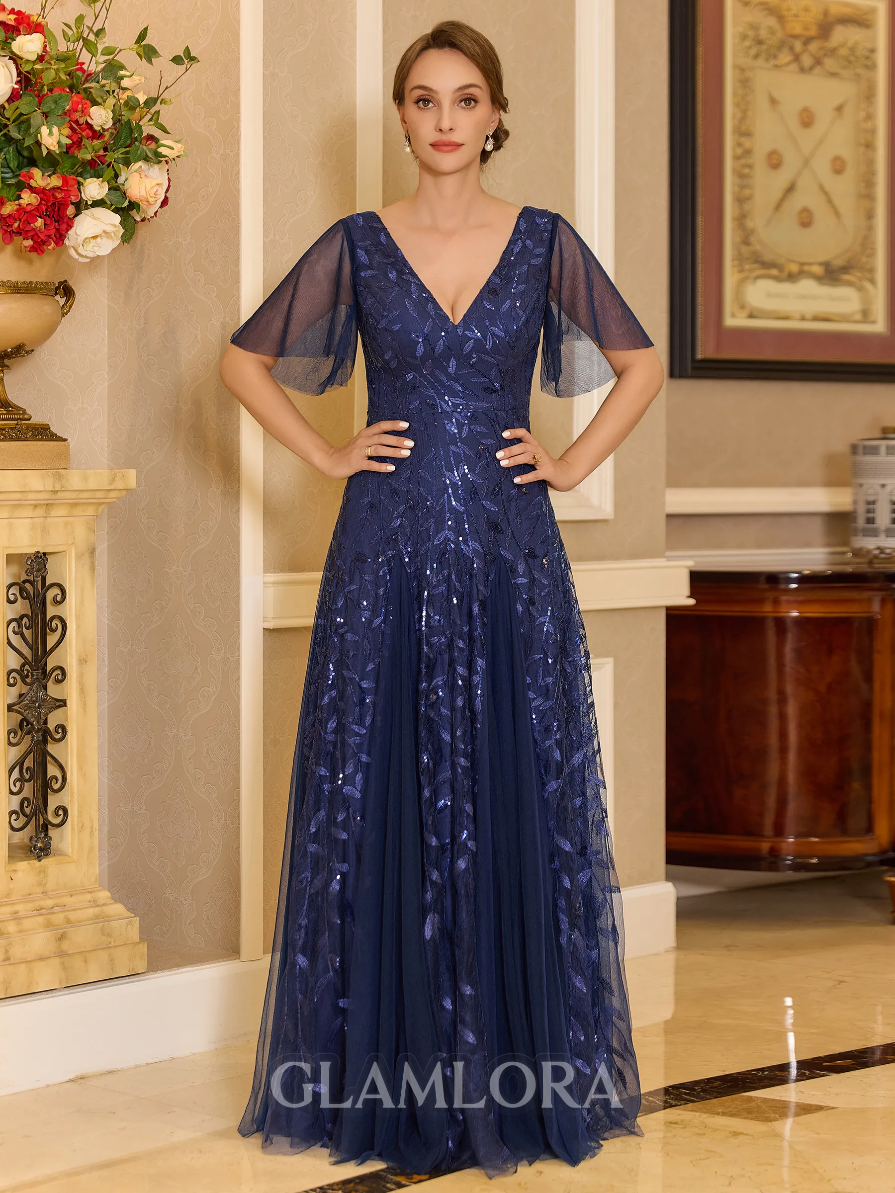 Regal A-line V-Neck Short Sleeves Sequin Floor-Length Tulle Corset Mother of the Bride Dress