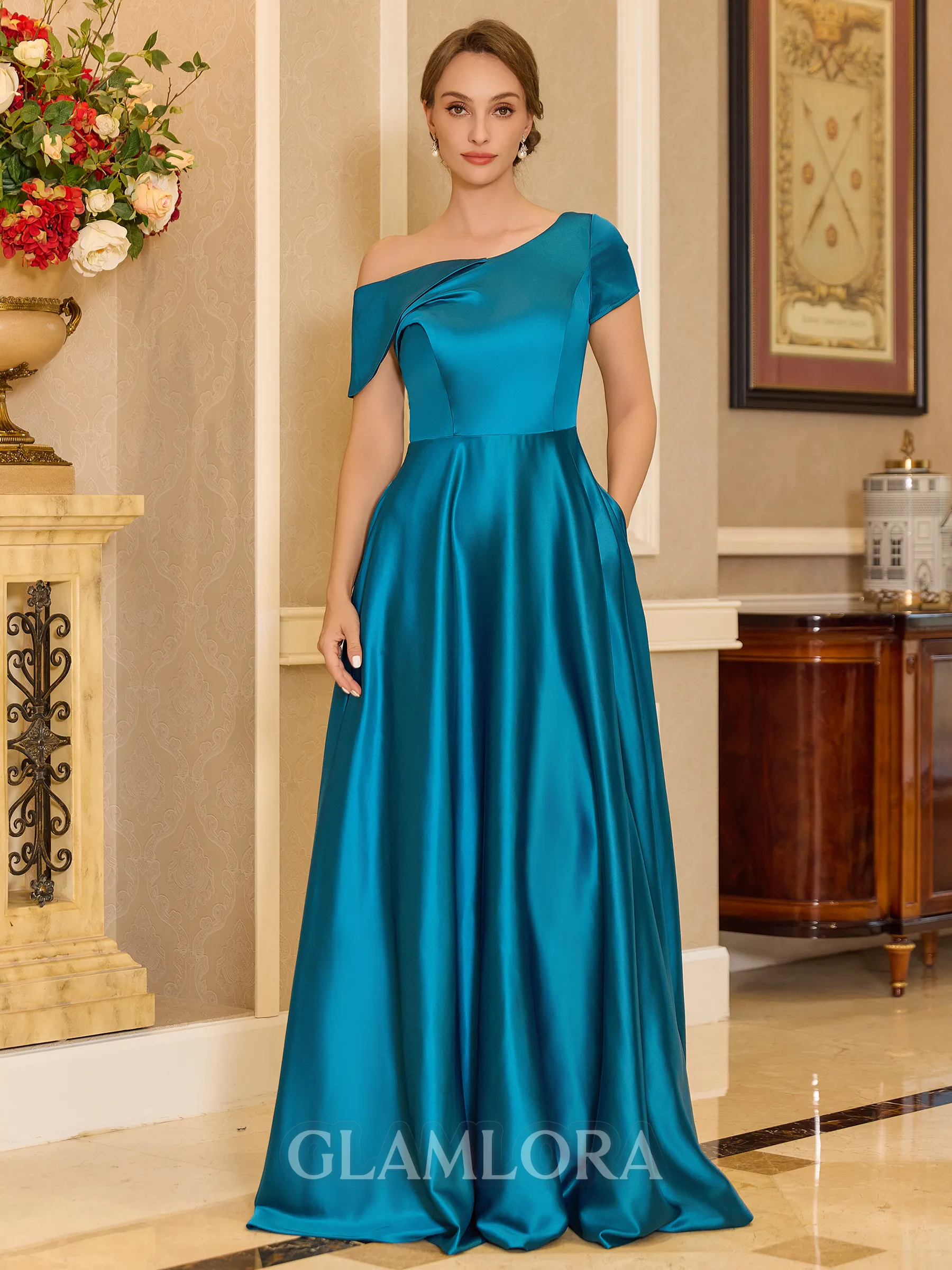 Chic A-line Short Sleeves Floor-Length Charmeuse Mother of the Bride Dress