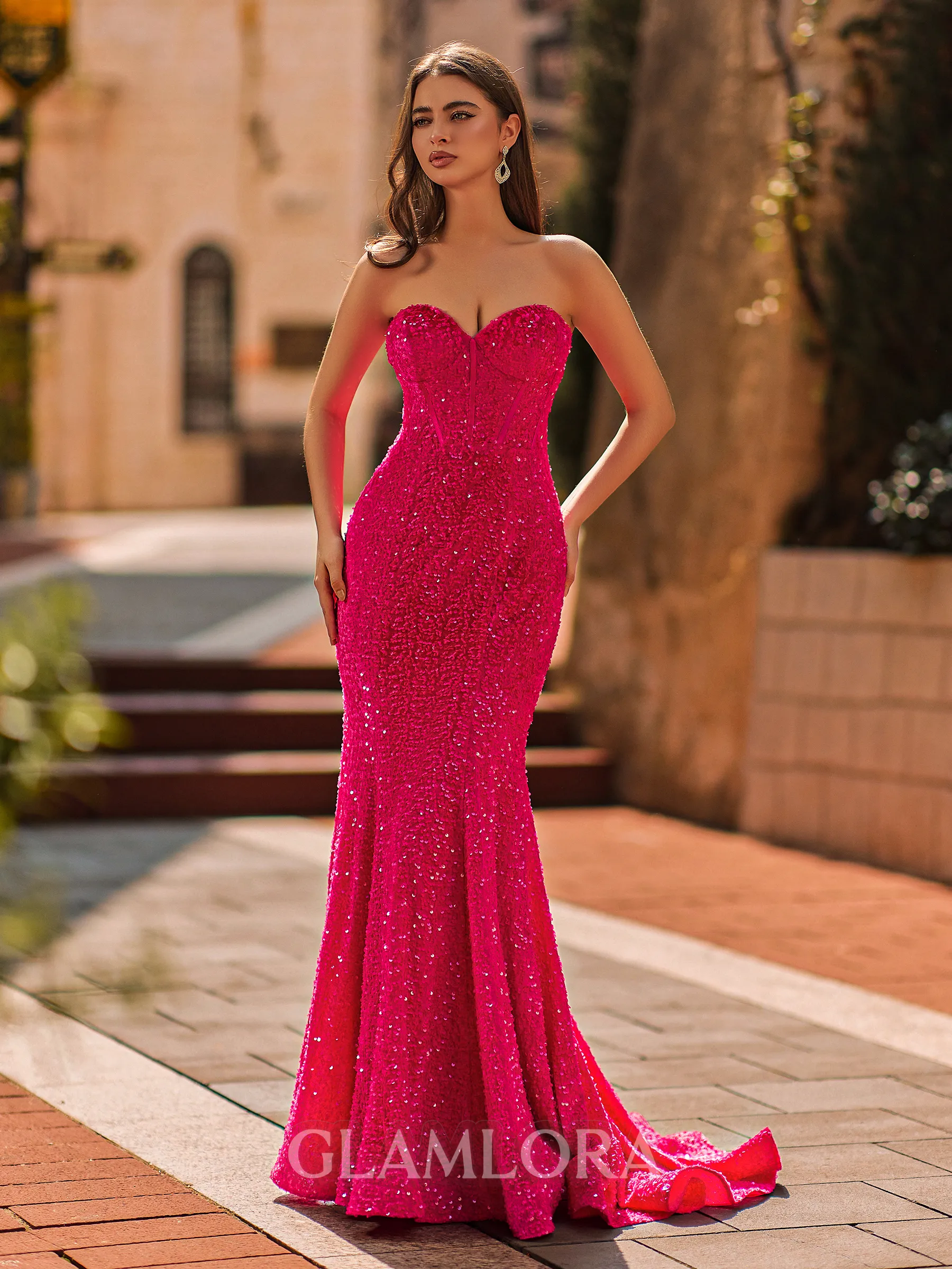 Hot Sheath Sweetheart Sweep Train Velvet Sequins Corset Prom Dress