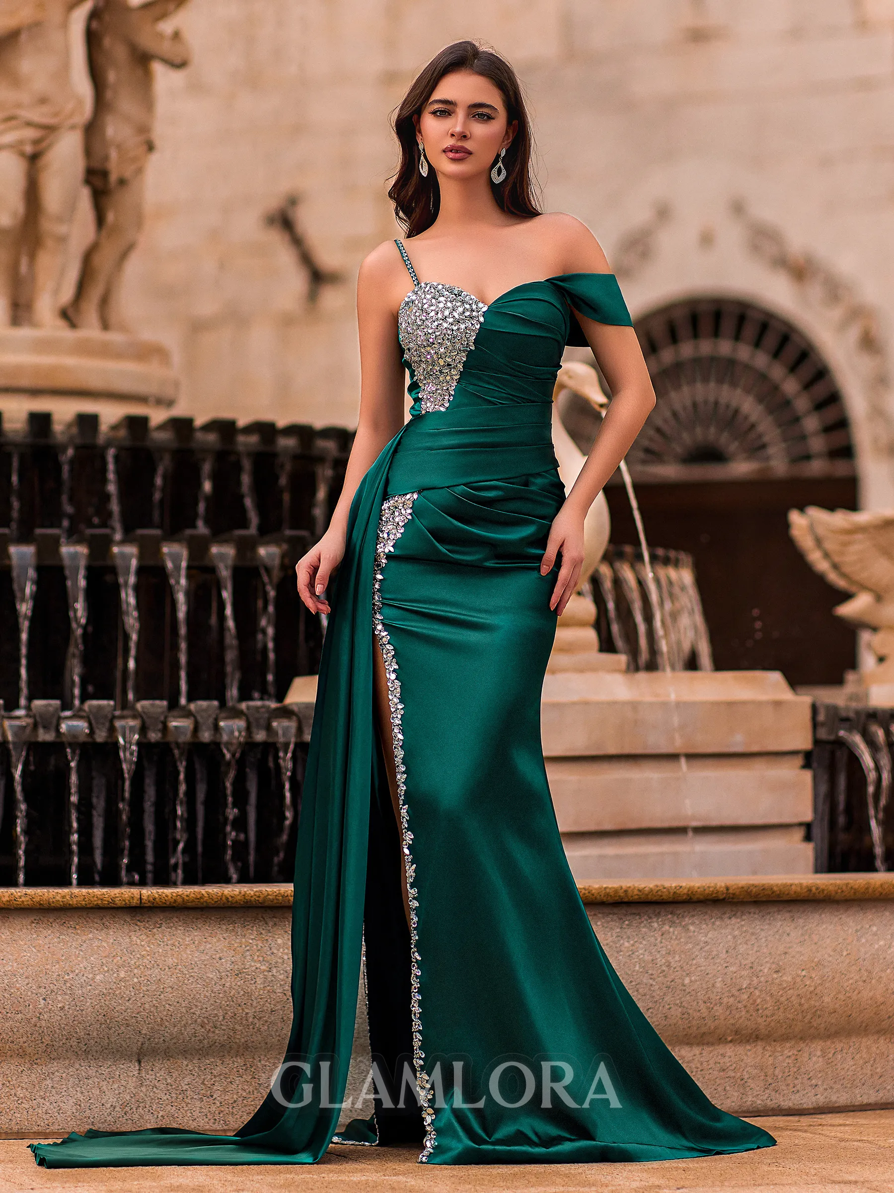 Striking Sheath Sweetheart Rhinestone Court Train Silk Like Satin Prom Dress