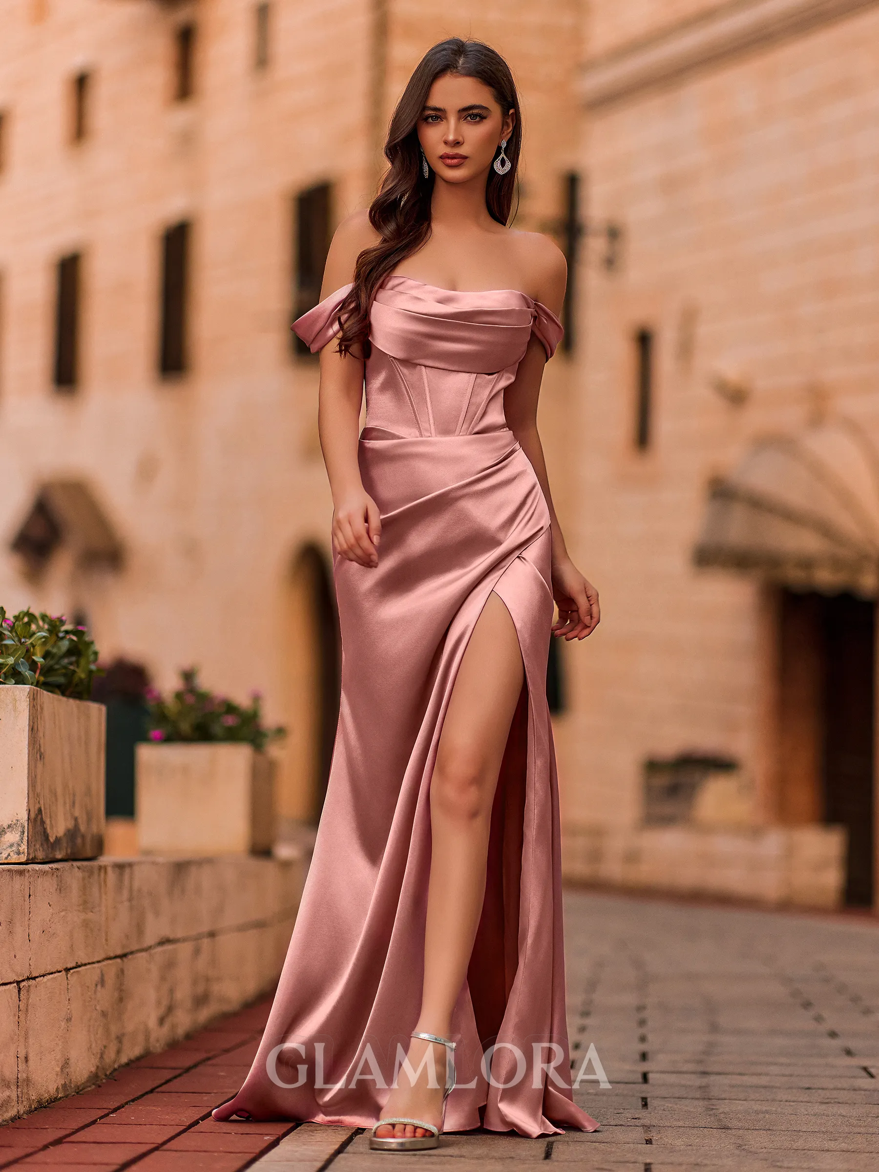 Mesmerizing Sheath Off-the-Shoulder Pleated Floor-Length Silk like Satin Corset Prom Dress