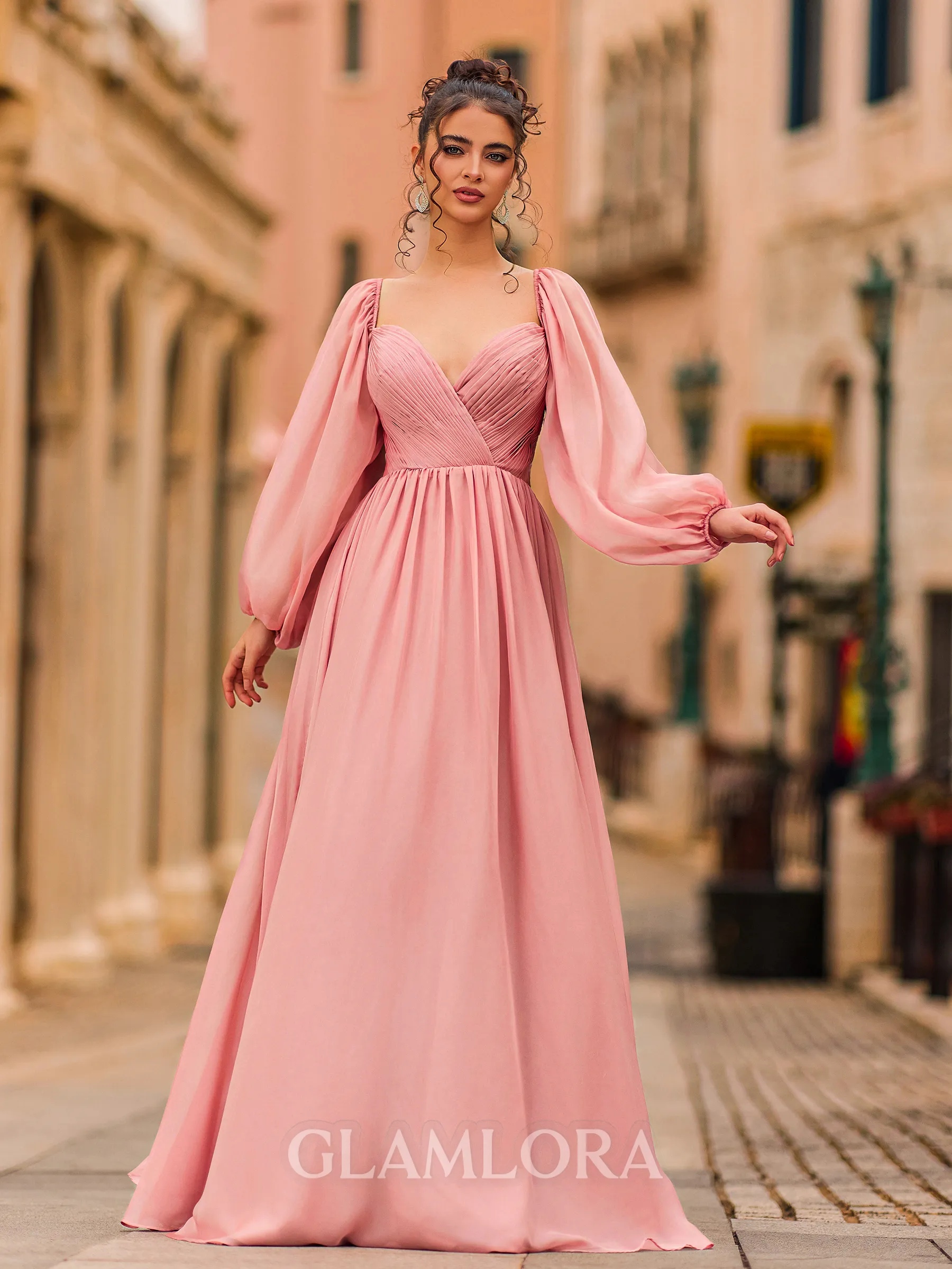 Perfect A-Line 30D Chiffon Pleated V-Neck Long Sleeves Floor-Length Prom Dress