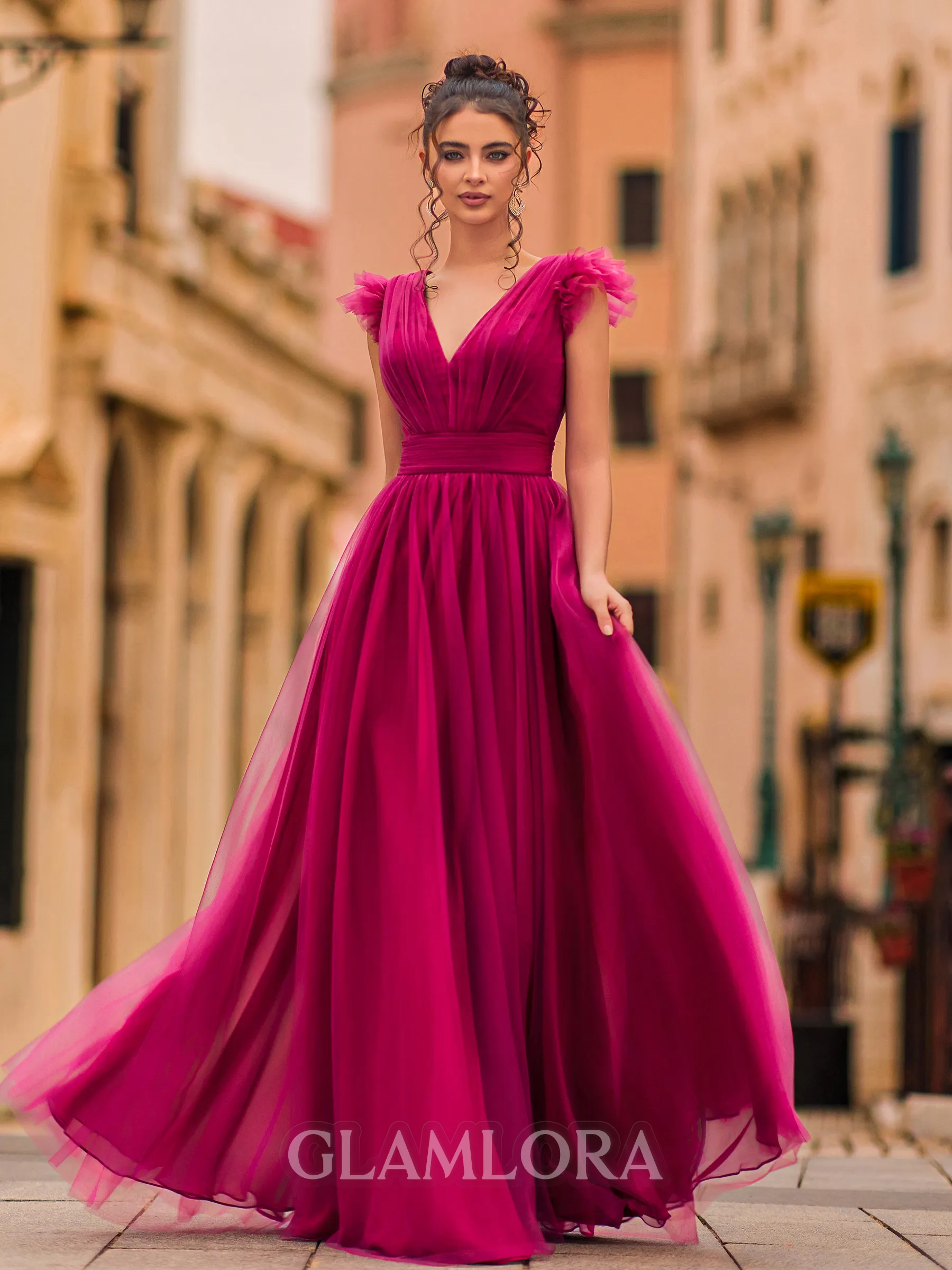 Unique A-Line Tulle Ruffles V-Neck Sleeveless Floor-Length Prom Dress