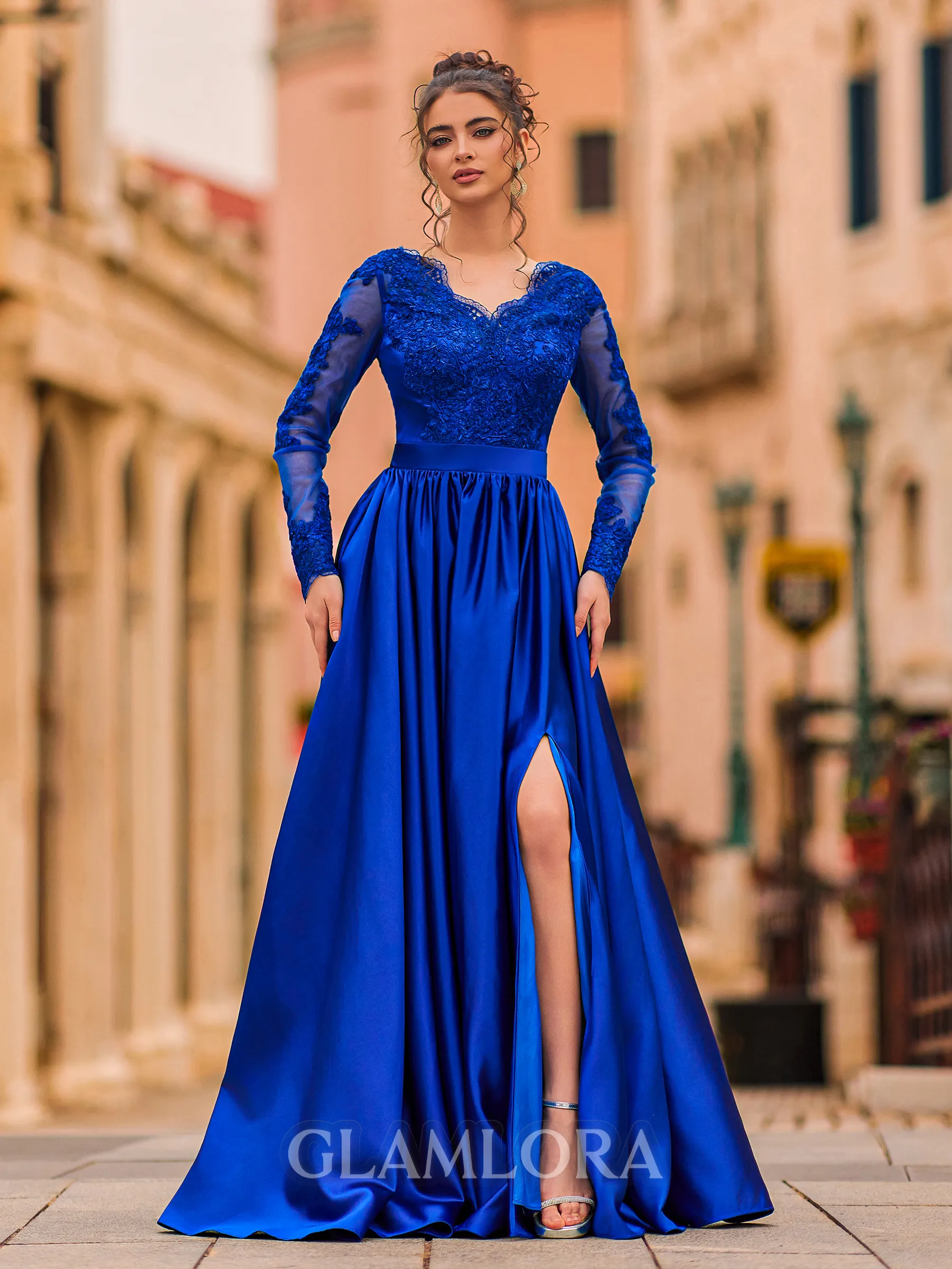 Hot A-Line Satin Appliques Lace V-Neck Long Sleeves Floor-Length Prom Dress