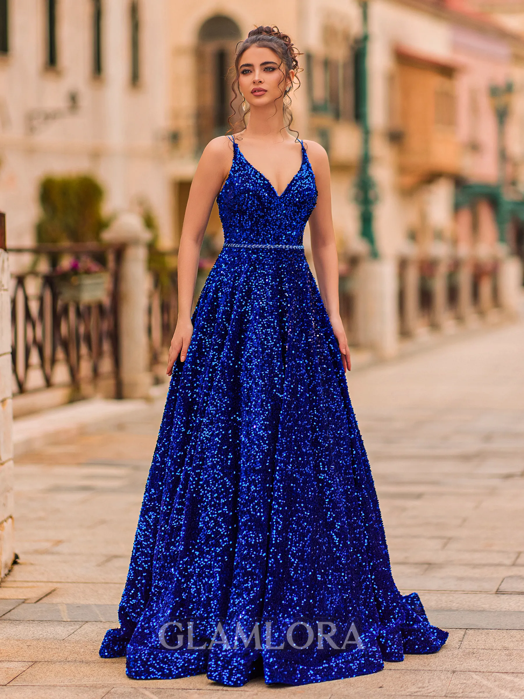 Elegant A-Line Velvet Sequins V-Neck Sequin Sleeveless Sweep Train Prom Dress