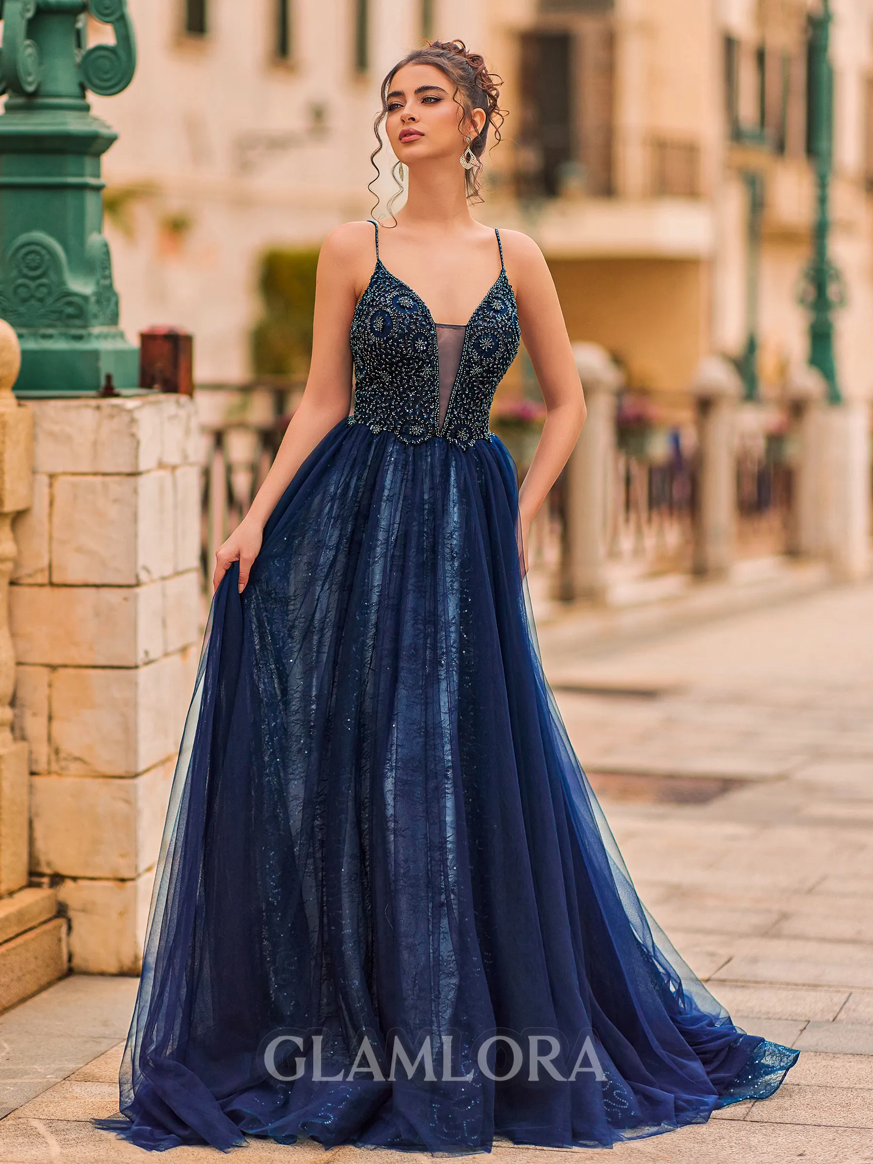 Opulent A-Line Tulle Beading V-Neck Sleeveless Sweep Train Prom Dress