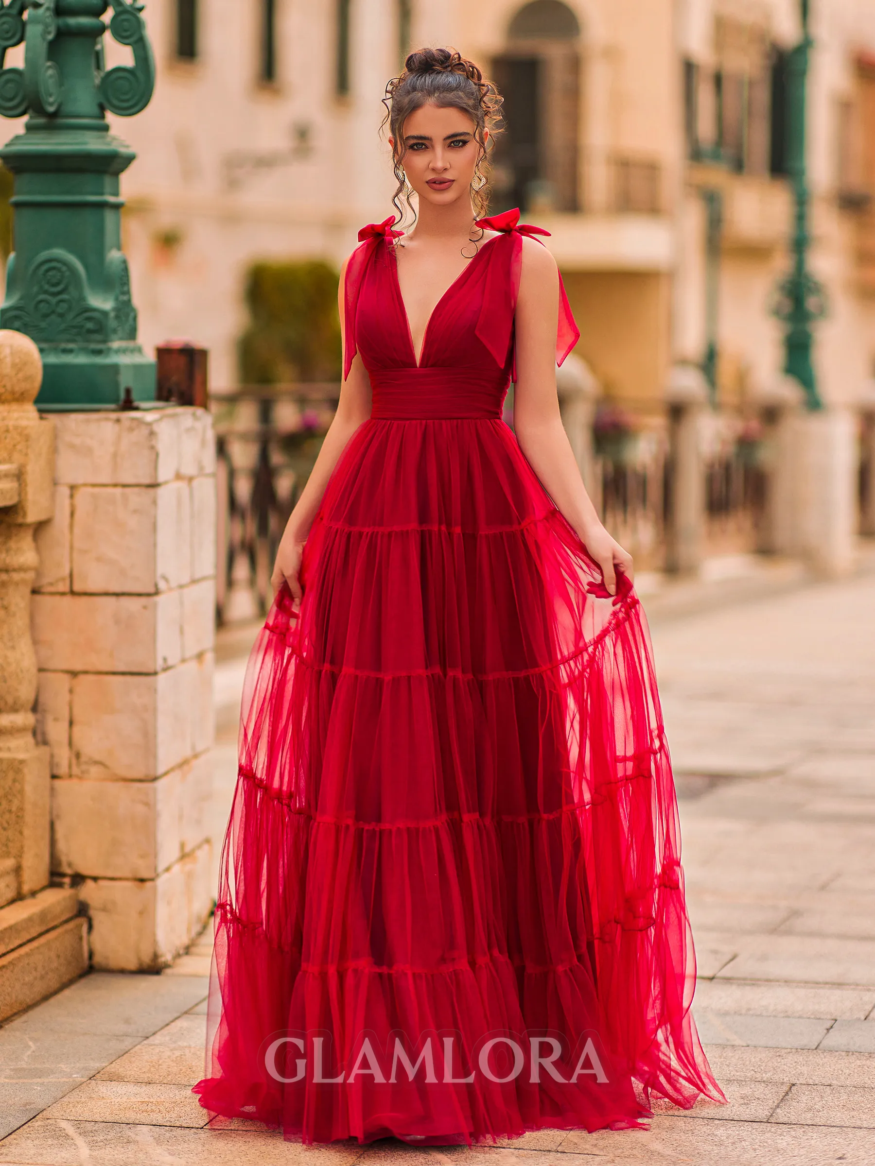 Stunning A-Line Tulle Ruffles V-Neck Sleeveless Sweep Train Prom Dress