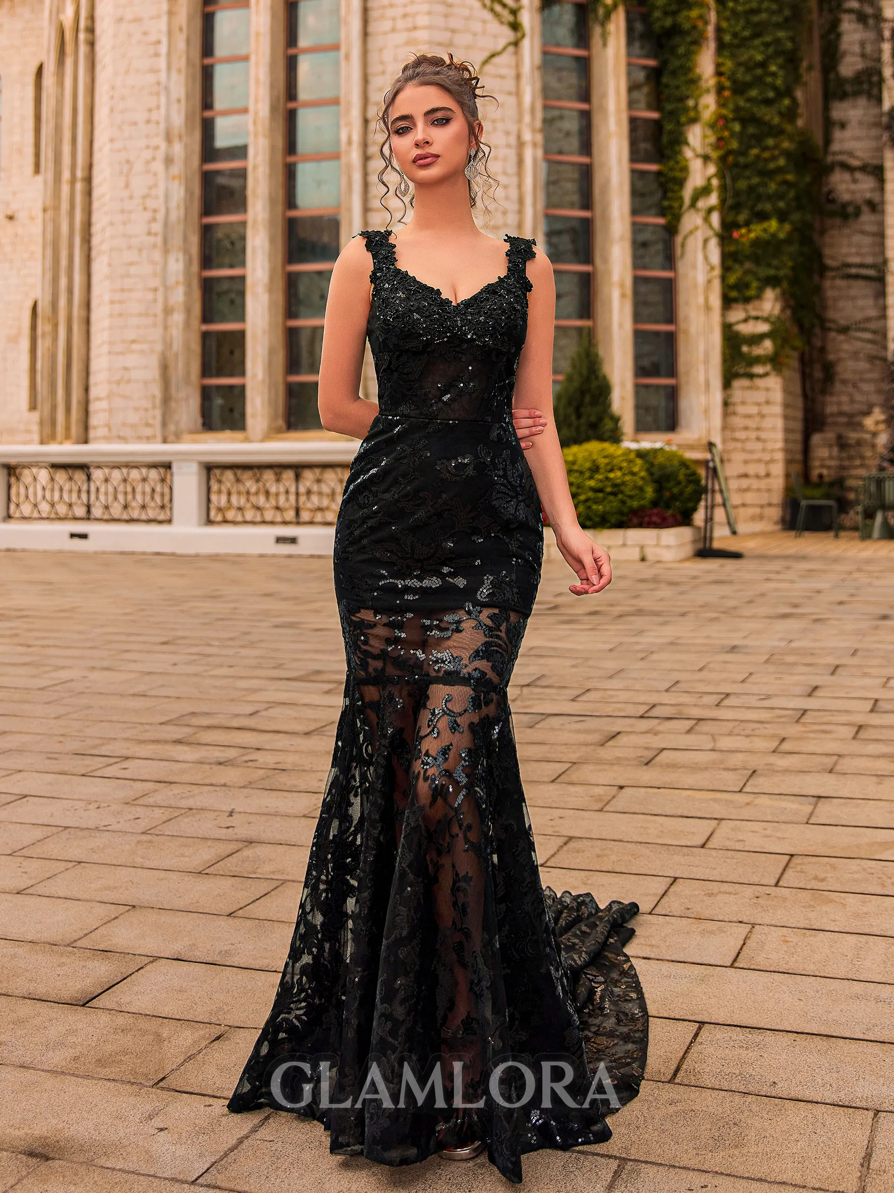 Hermosos Sheath Lace V-Neck Sleeveless Court Train Prom Dress