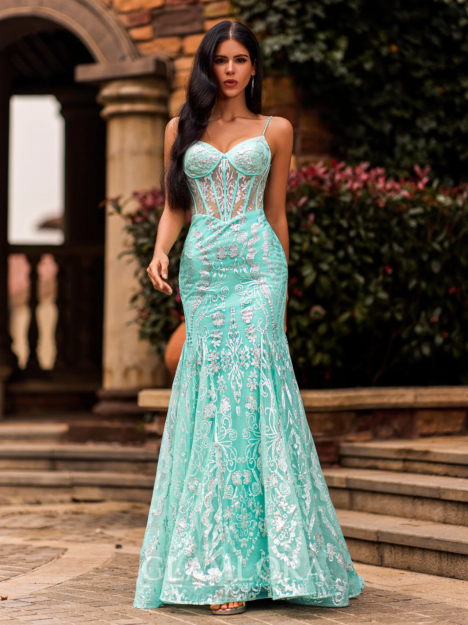 Bodycon Sheath V-neck Sweep Train Lace Corset Prom Dress