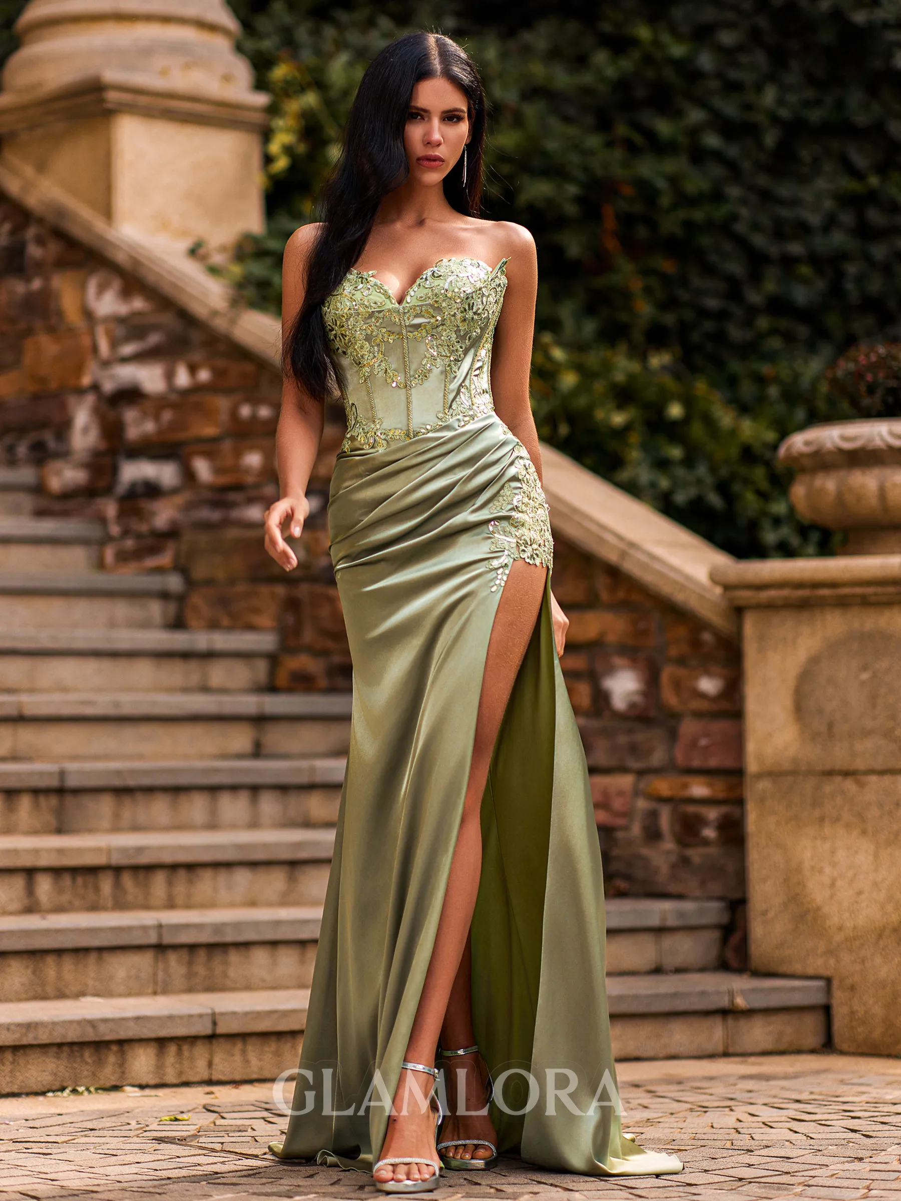 Contemporary Sheath Sweetheart Appliques Lace Sweep Train Silk Like Satin Corset Prom Dress