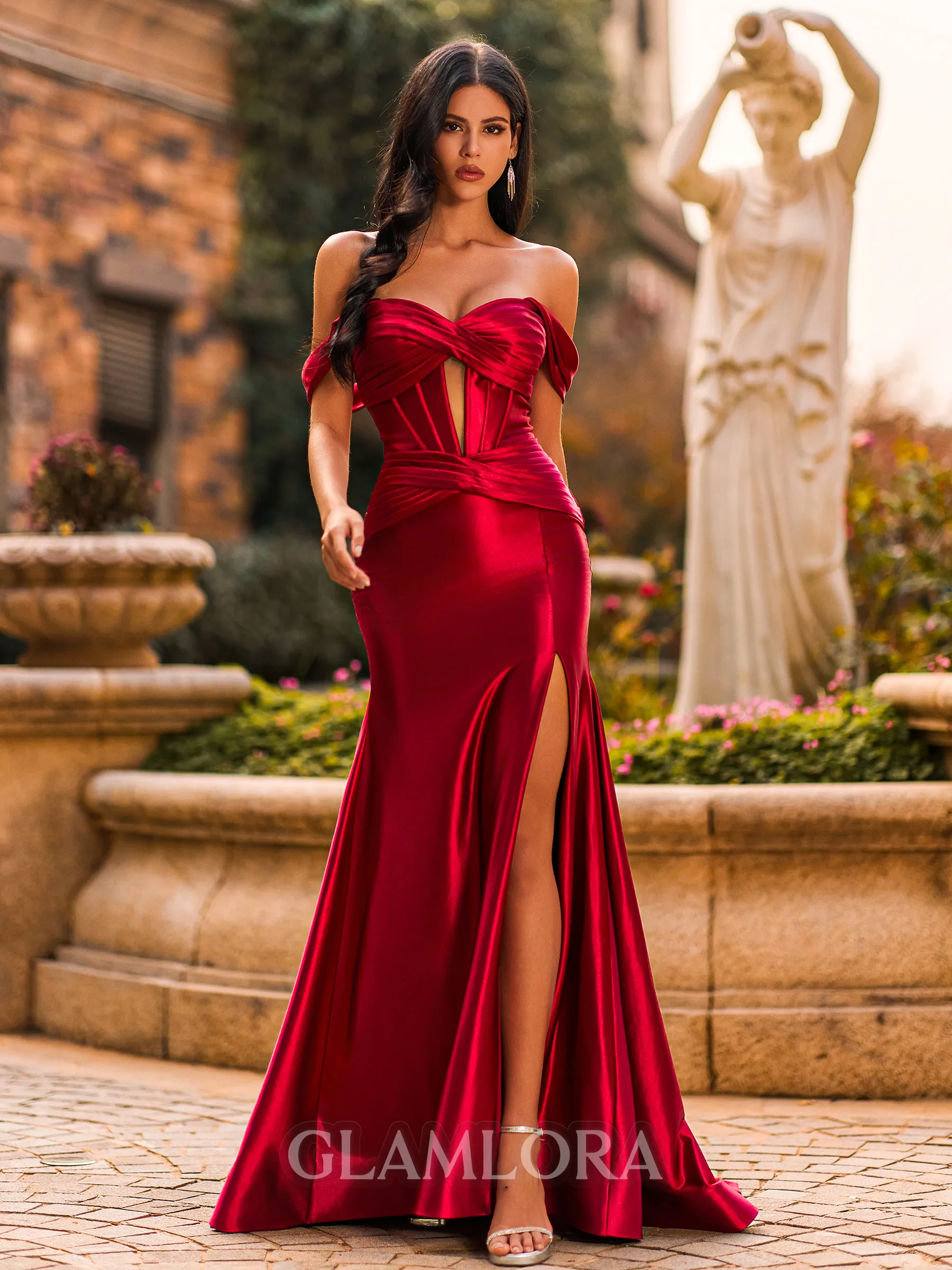 Slinky Sheath Off-the-Shoulder Pleated Court Train Corset Prom Dress