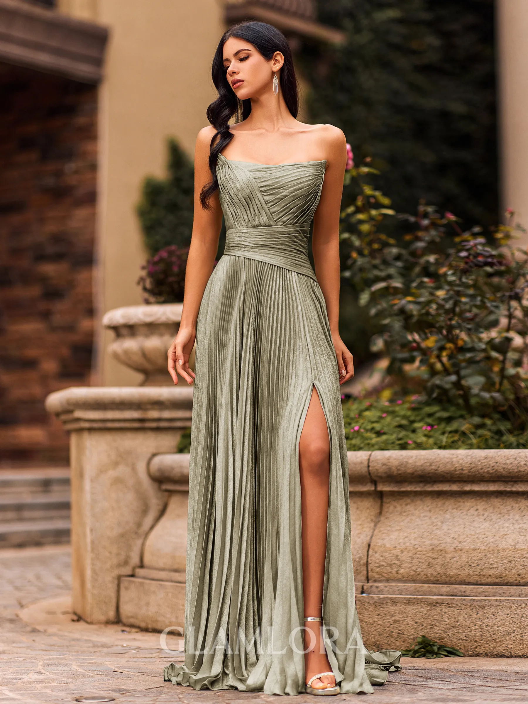 Sophisticated A-line Straight Pleated Sweep Train Corset Prom Dress