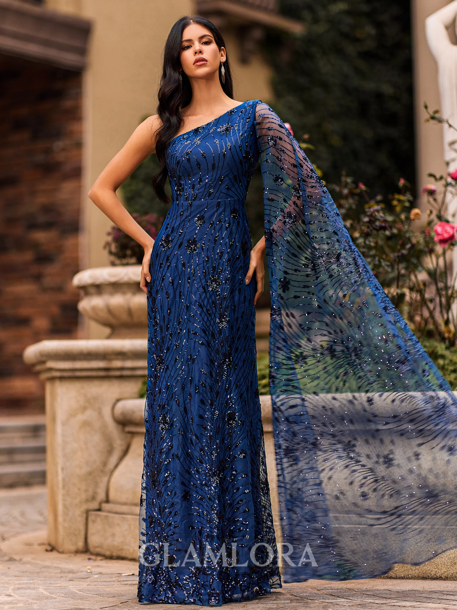 Mesmerizing Sheath One-Shoulder Long Sleeves Floor-Length Lace Prom Dress