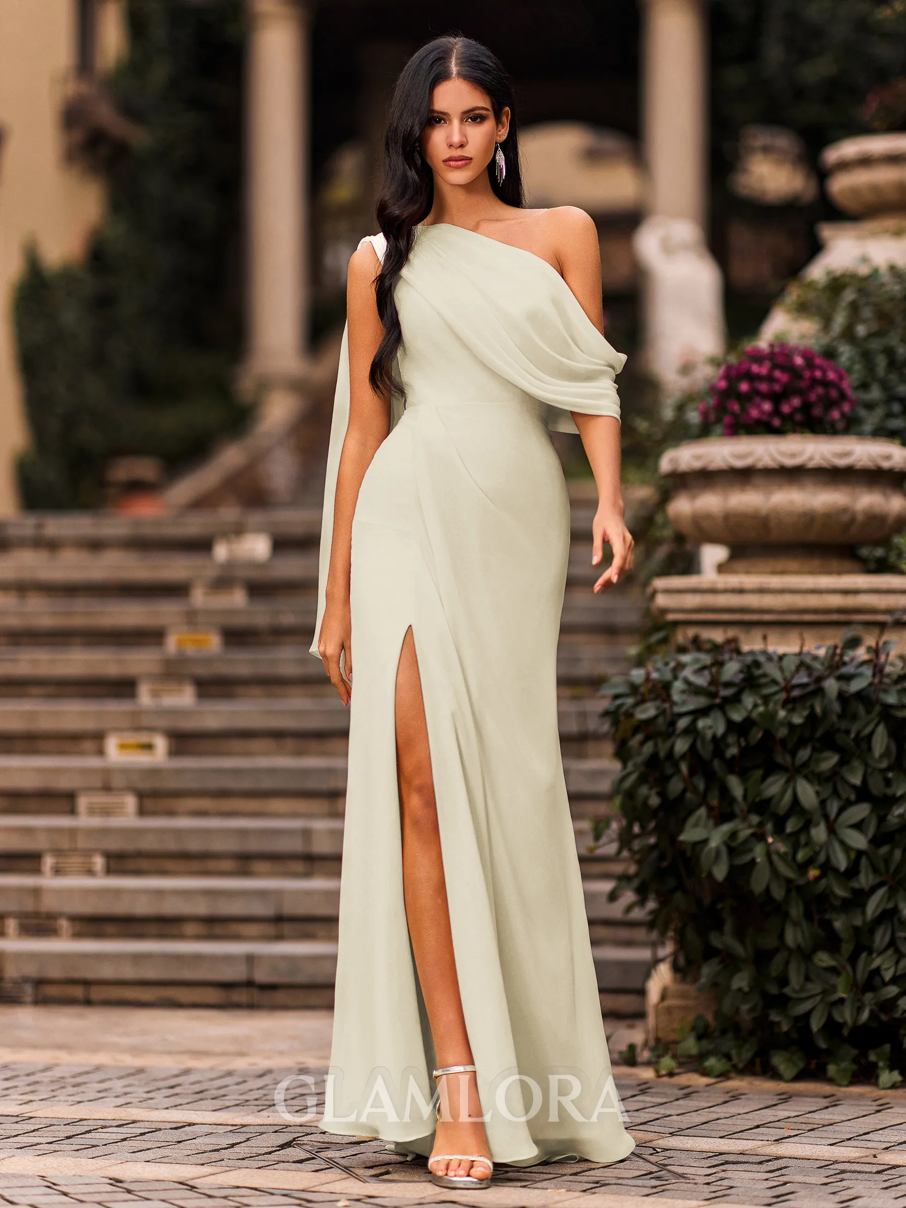 Body-Revealing Sheath One-Shoulder Pleated Floor-Length Chiffon Corset Prom Dress