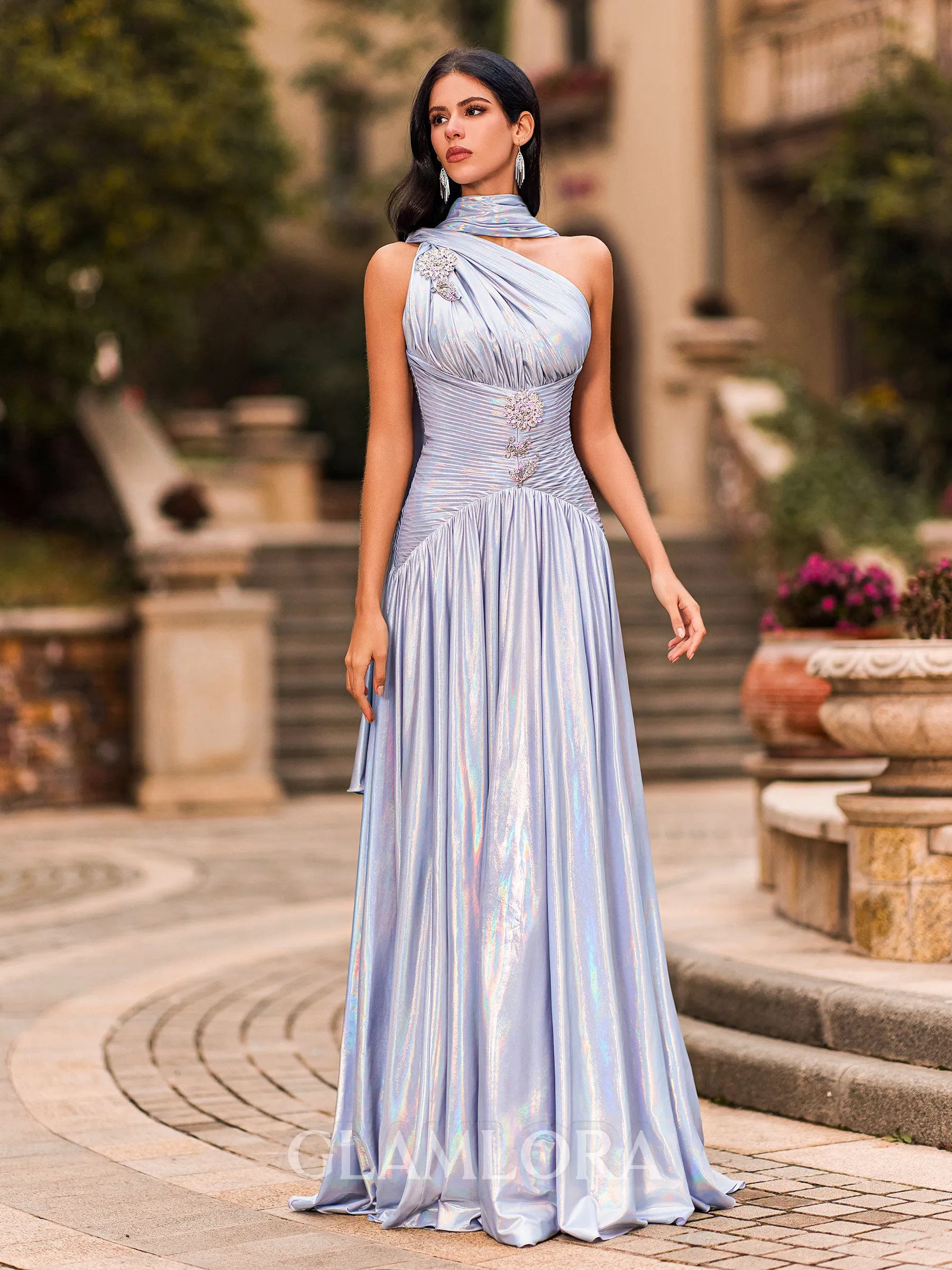 Perfect A-line One-Shoulder Rhinestone Sweep Train Prom Dress