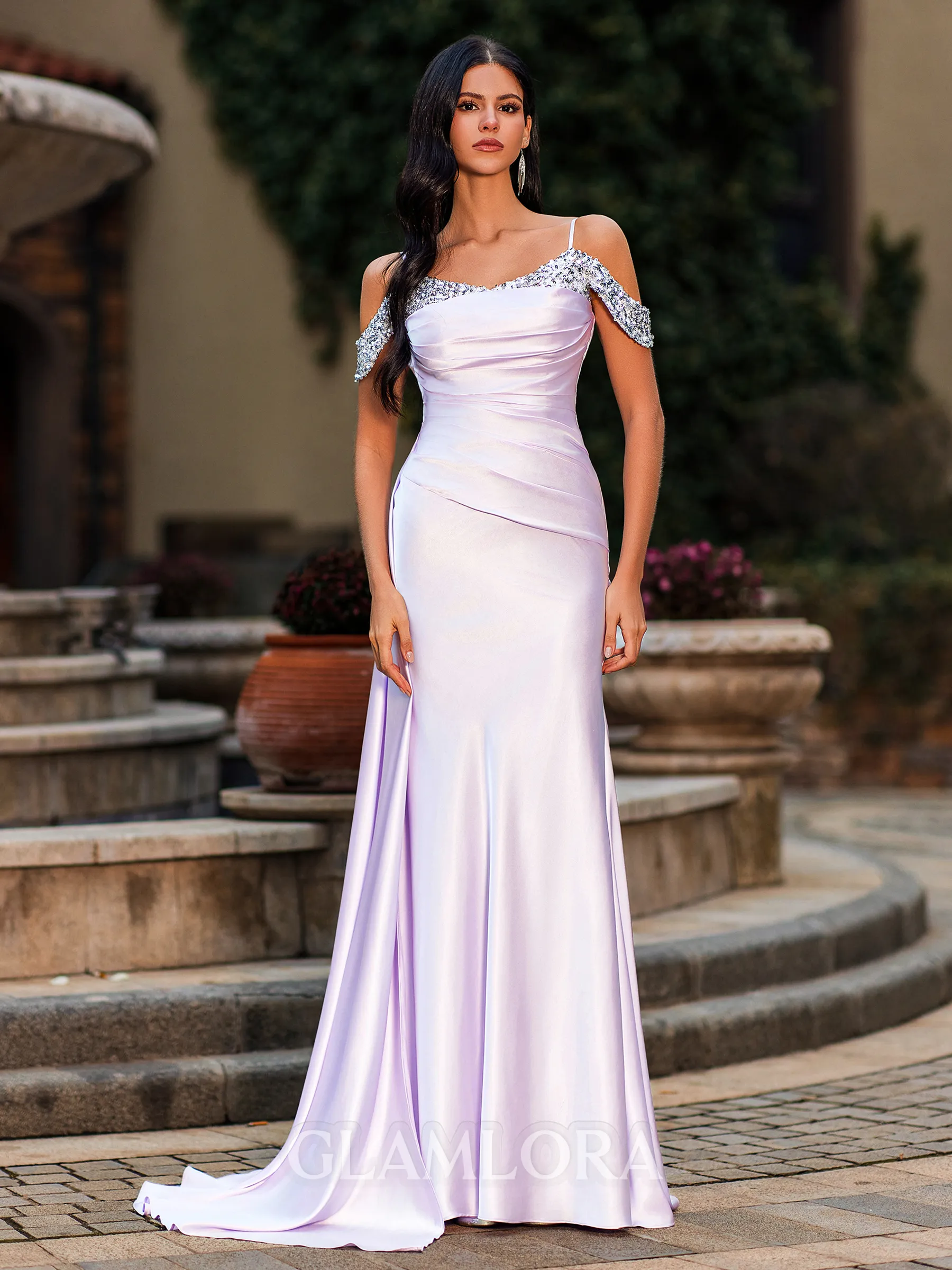 Head-Turning Sheath Cold Shoulder Pleated Sweep Train Silk Like Satin Corset Prom Dress