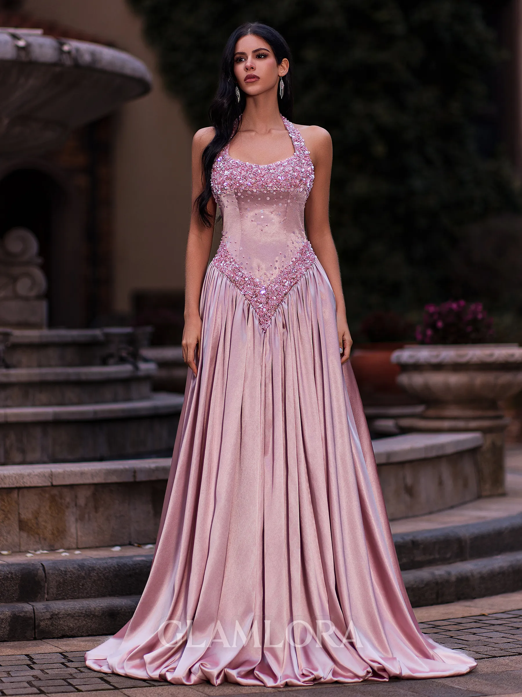 Dreamy A-line Halter Beading Sweep Train Silk Like Satin Prom Dress