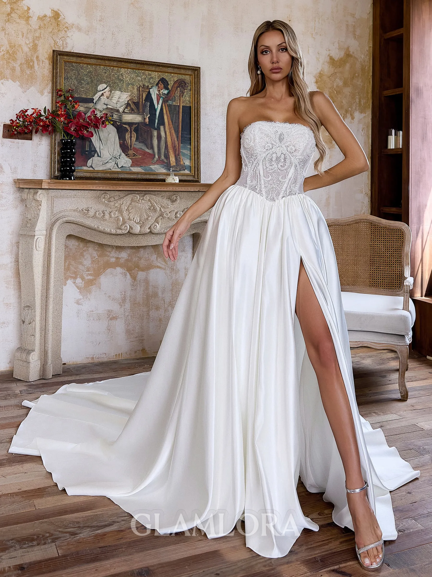 Elegant Ball-Gown Straight Appliques Lace Cathedral Train Satin Corset Wedding Dress