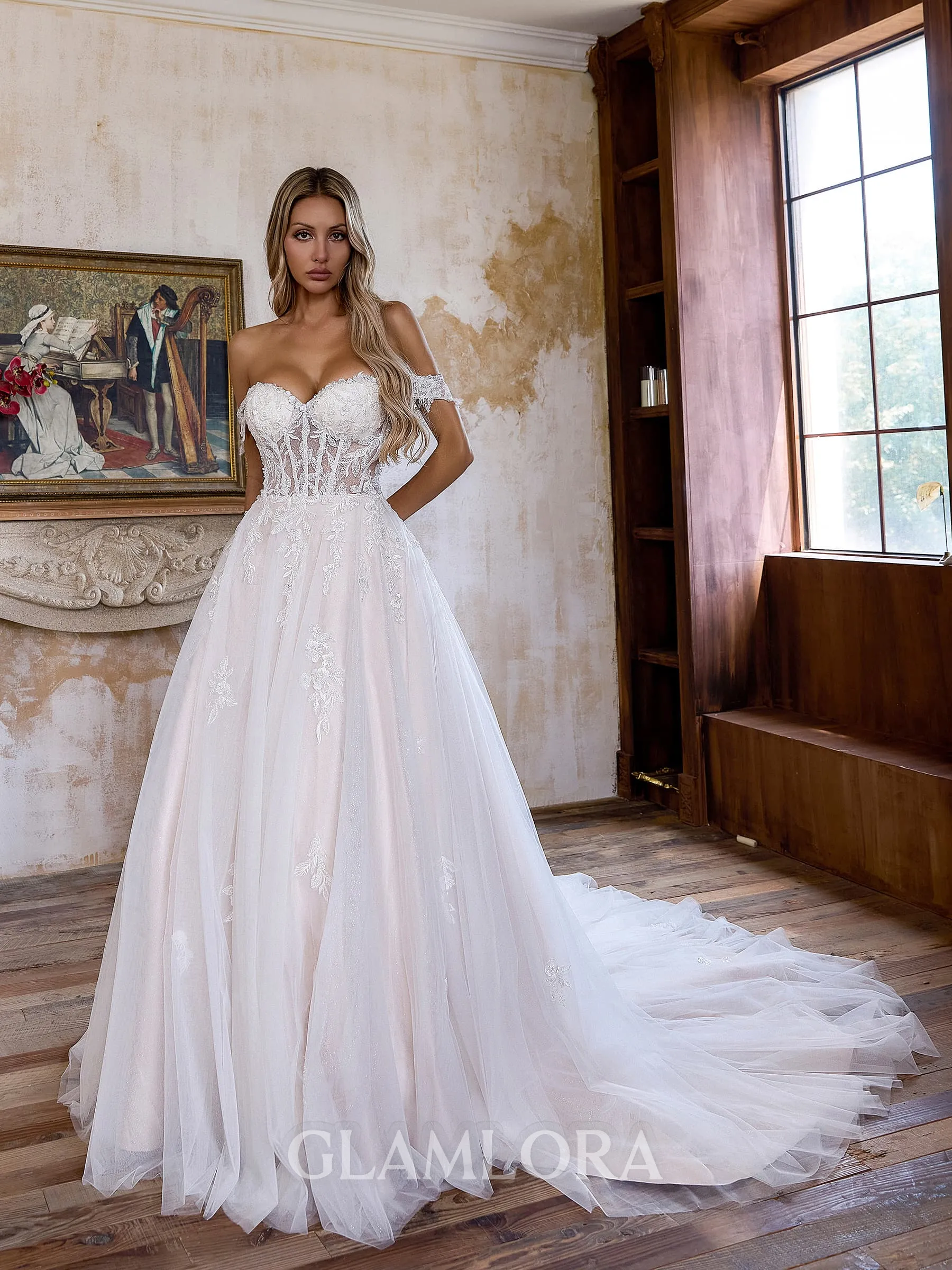 Breathtaking A-line Off-the-Shoulder Appliques Lace Cathedral Train Tulle Corset Wedding Dress
