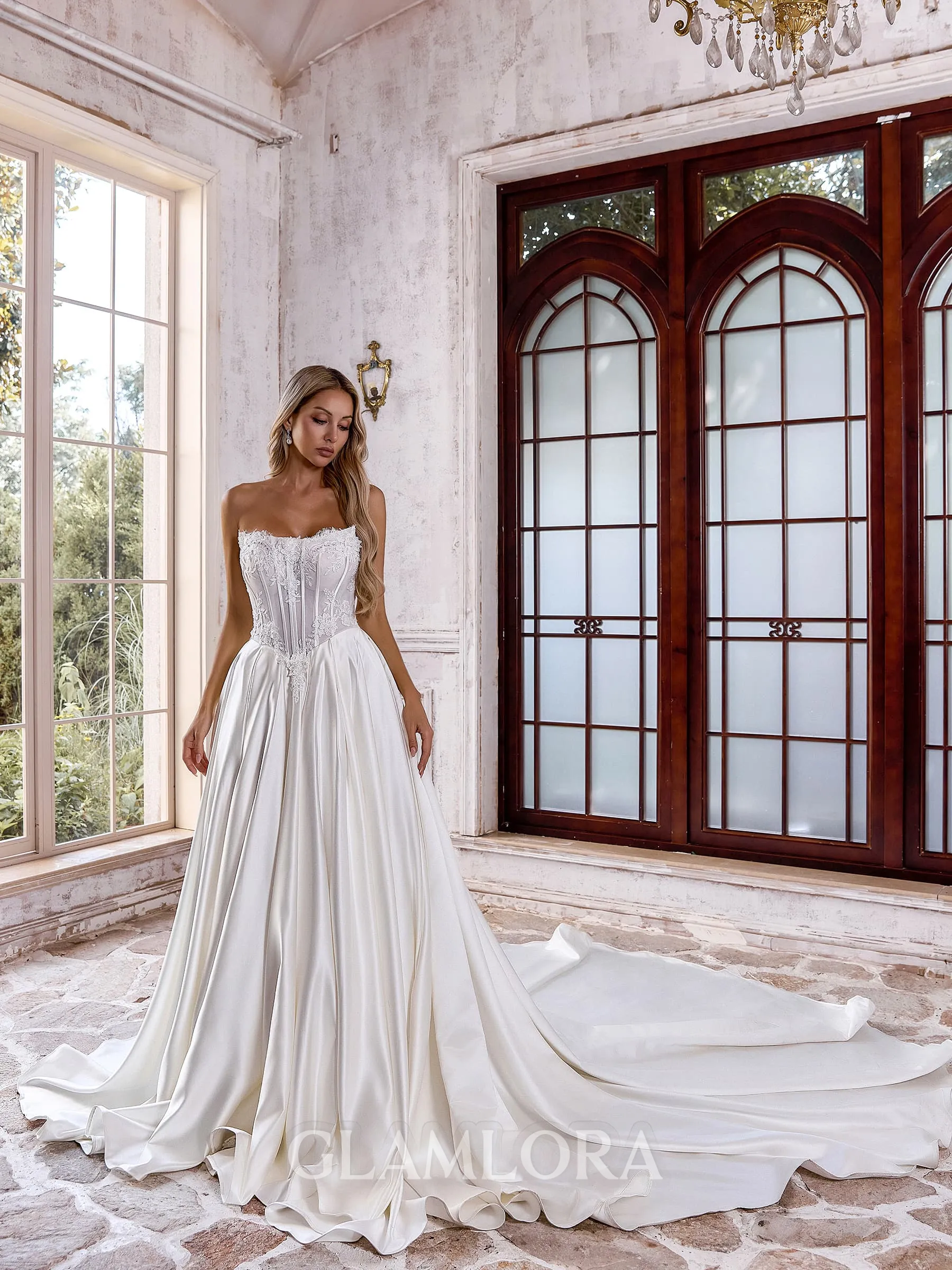 Glamorous Ball-Gown Straight Appliques Lace Cathedral Train Satin Corset Wedding Dress