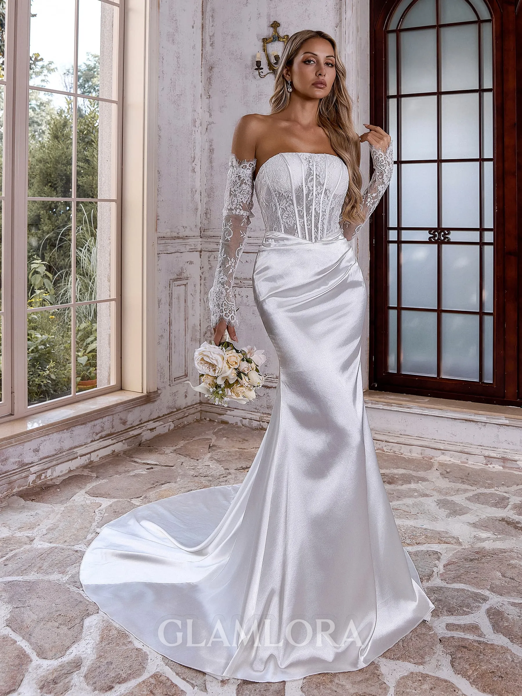Grand Sheath Straight Long Sleeves Appliques Lace Chapel Train Silk Like Satin Corset Wedding Dress