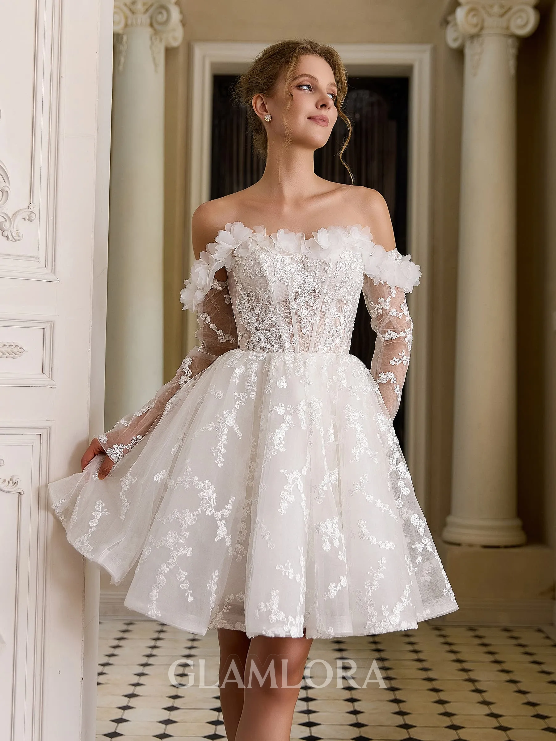 Charming Ball-Gown Off-the-Shoulder Long Sleeves Appliques Lace Short/Mini Lace Corset Wedding Dress