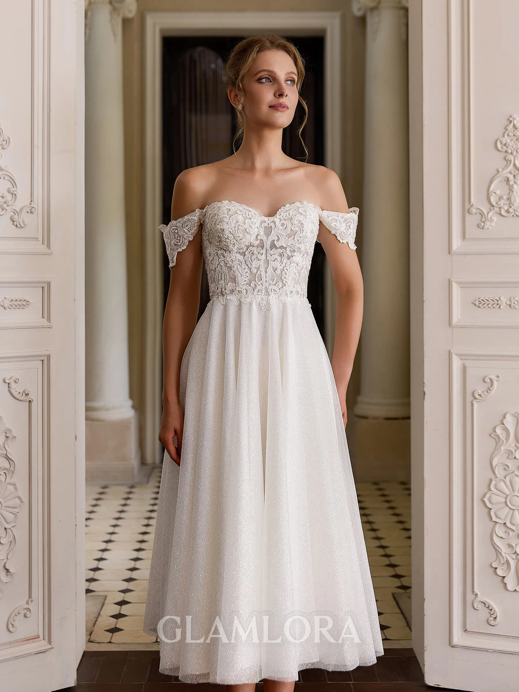 Glamorous A-line Off-the-Shoulder Appliques Lace Tea-Length Corset Wedding Dress