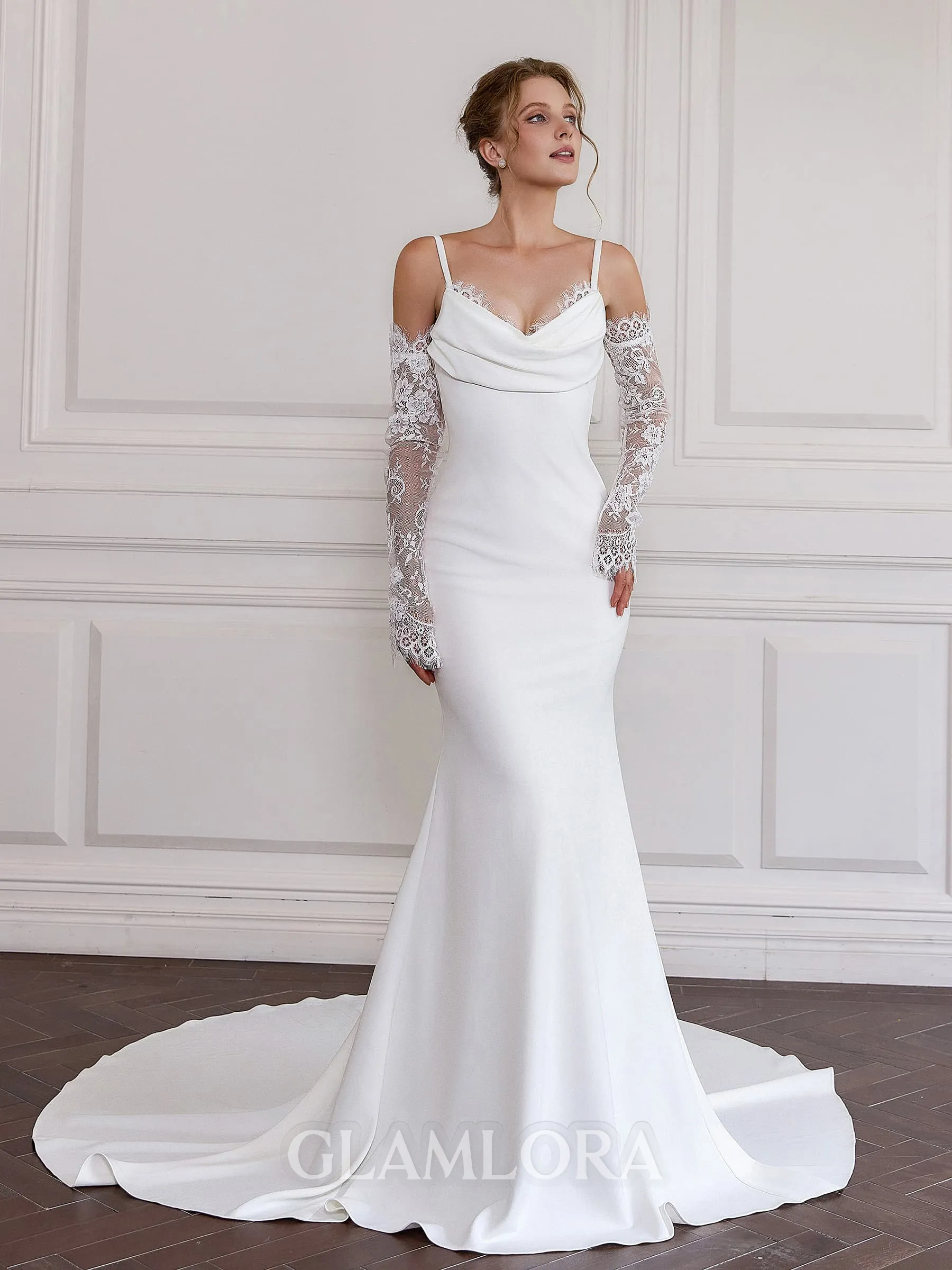 Splendid Sheath Spaghetti Straps Long Sleeves Pleated Court Train Stretch Crepe Wedding Dress