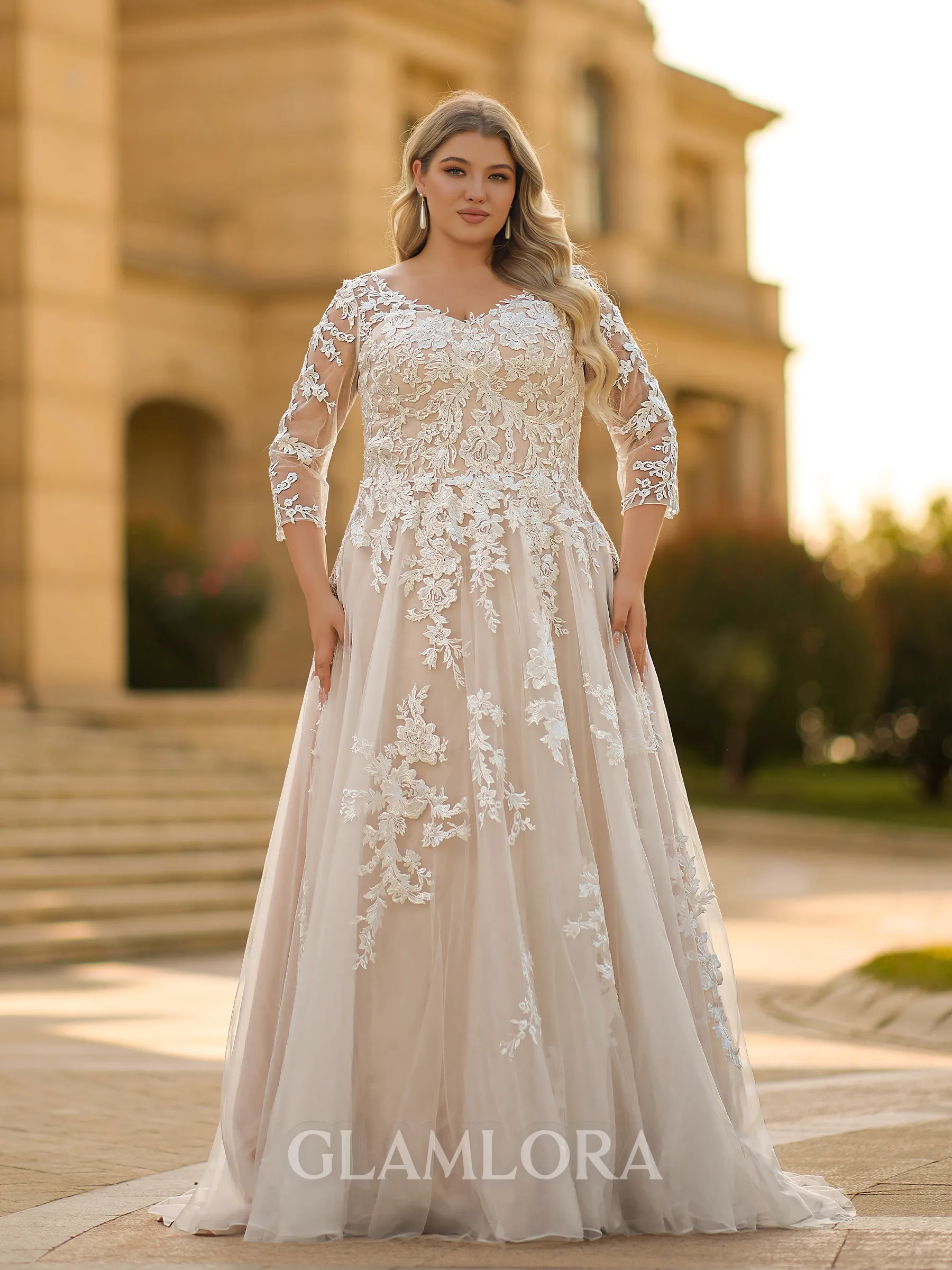 Trendy A-line V-Neck 3/4 Sleeves Appliques Lace Sweep Train Tulle Corset Plus Size Wedding Dress