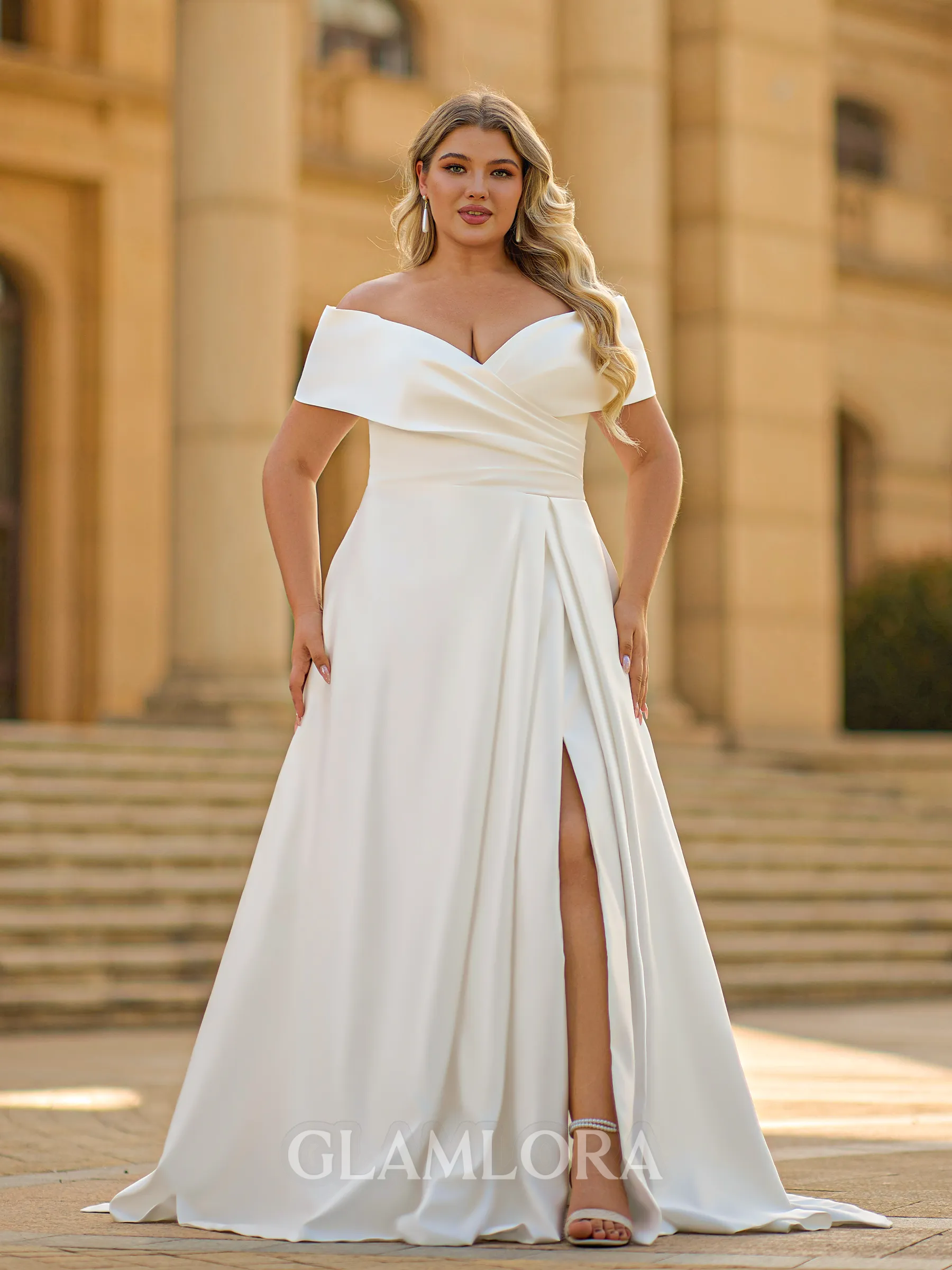 Fashion A-line Off-the-Shoulder Pleated Court Train Satin Corset Plus Size Wedding Dress