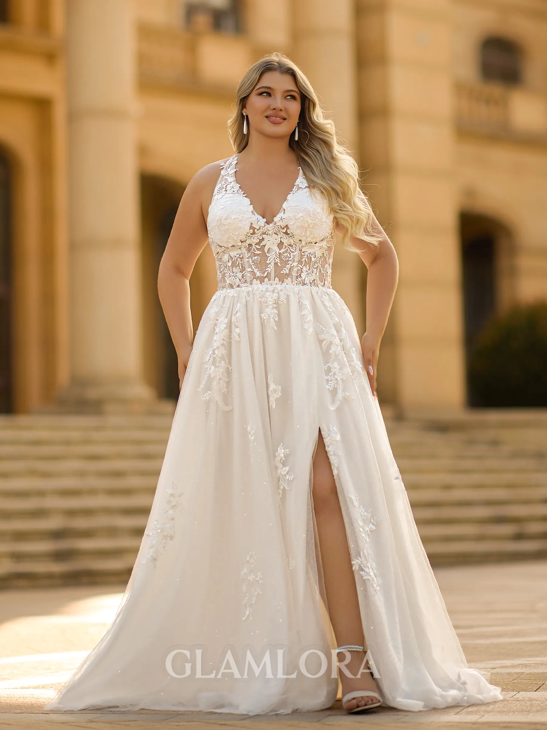 Glam A-line V-Neck Appliques Lace Court Train Tulle Corset Plus Size Wedding Dress