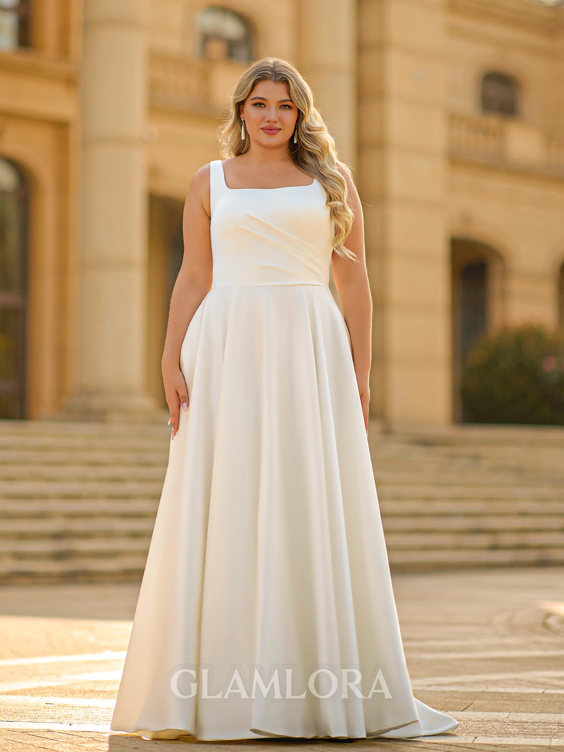 Unique A-line Square Pleated Court Train Satin Plus Size Wedding Dress
