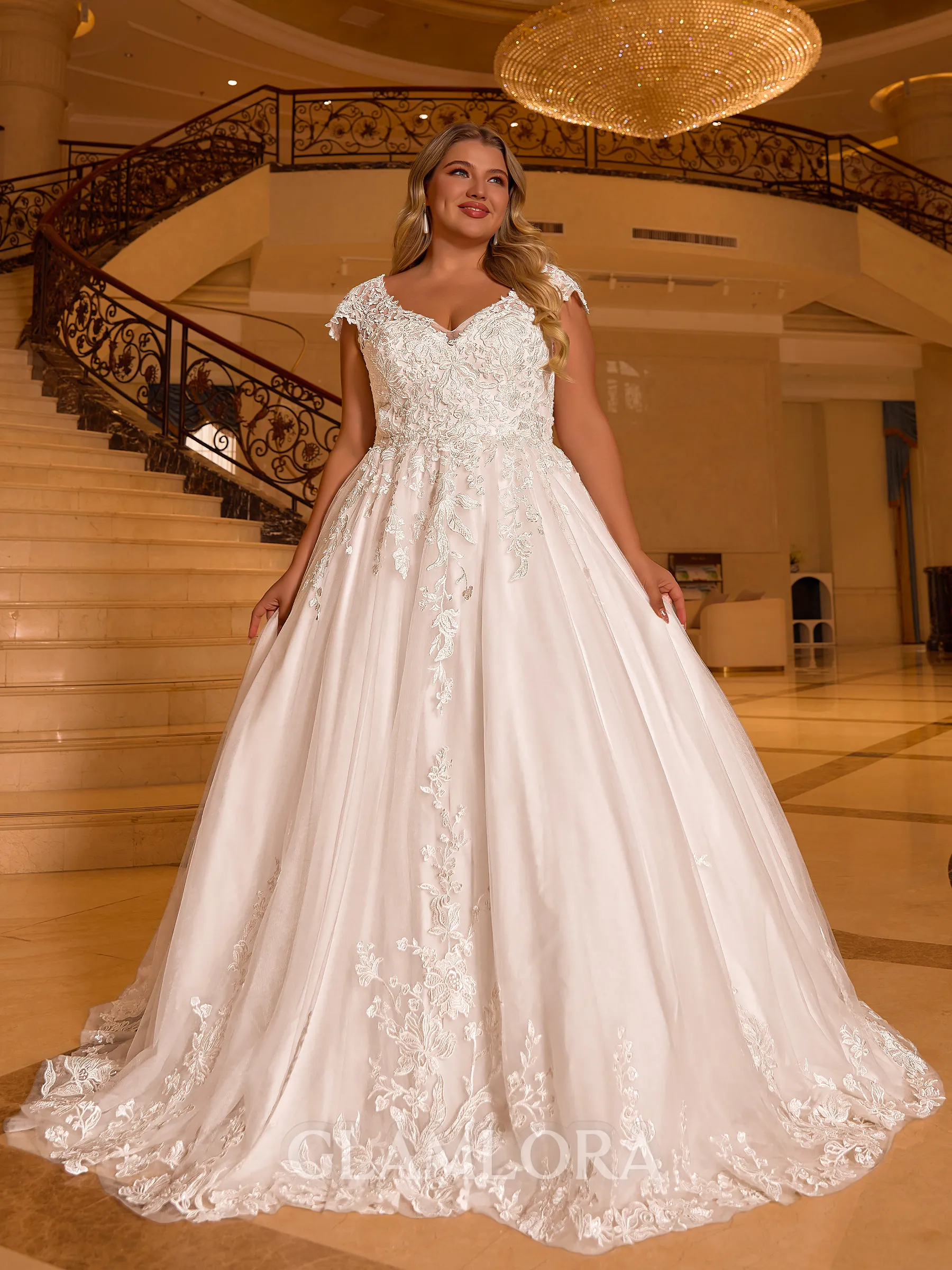Glamorous A-line V-Neck Appliques Lace Court Train Tulle Plus Size Wedding Dress