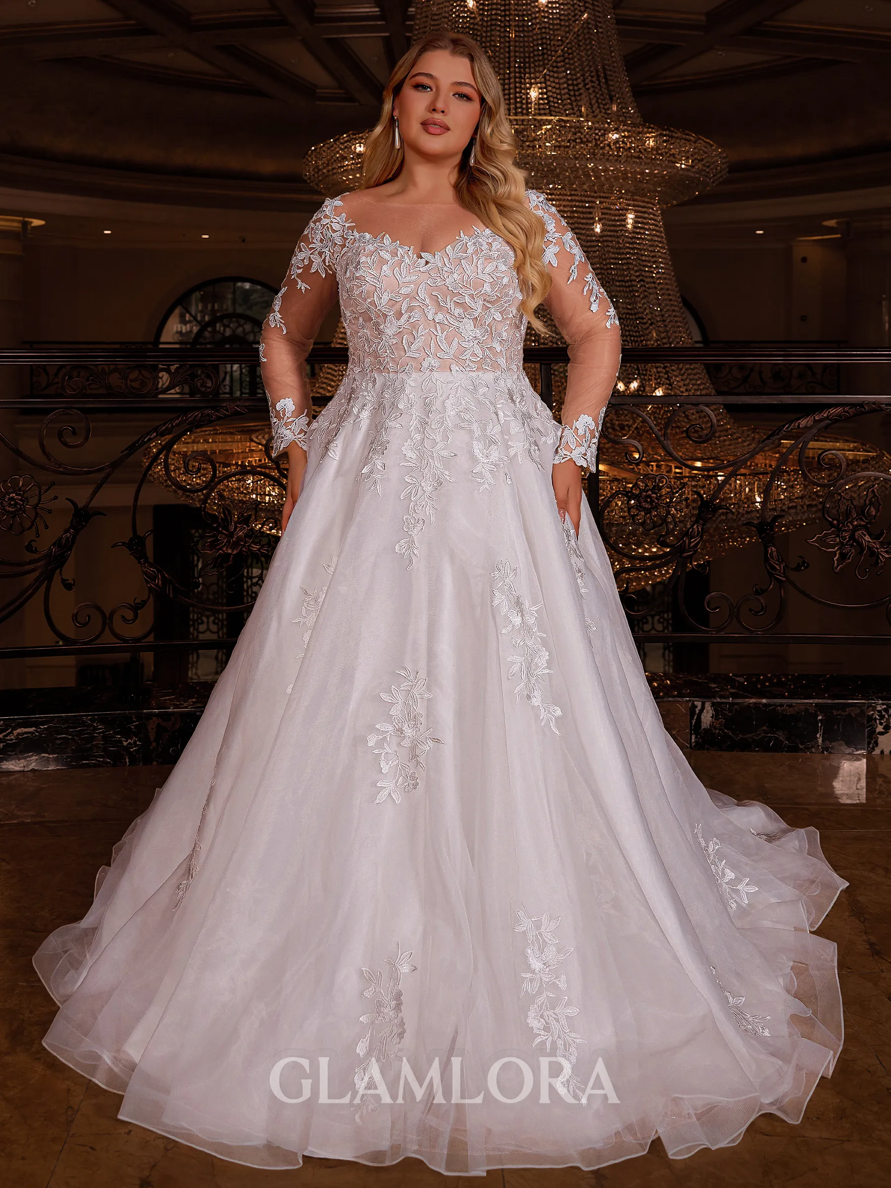 Opulent A-line Scoop Long Sleeves Appliques Lace Sweep Train Organza Plus Size Wedding Dress