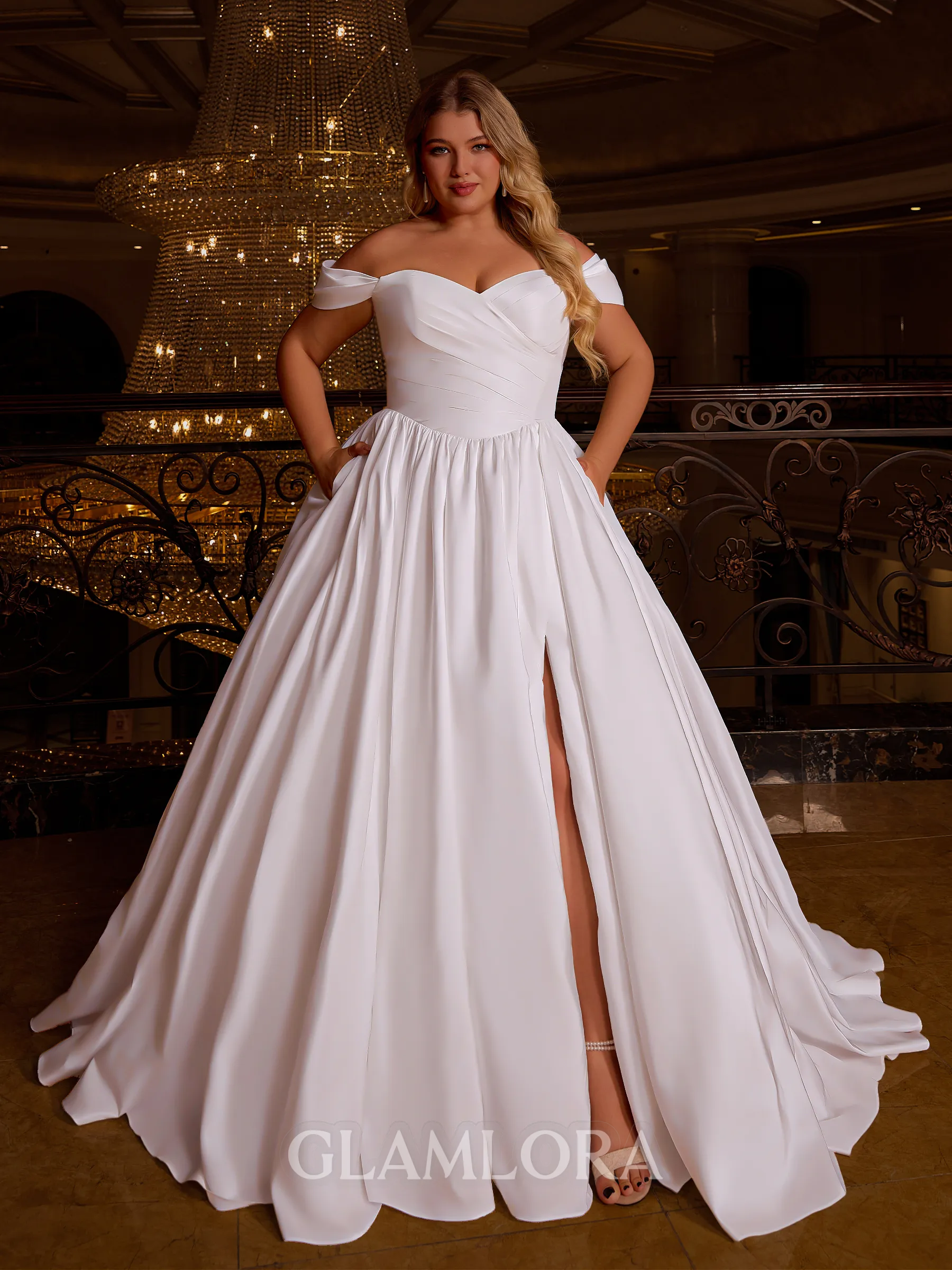 Splendid Ball-Gown Off-the-Shoulder Pleated Court Train Corset Plus Size Wedding Dress